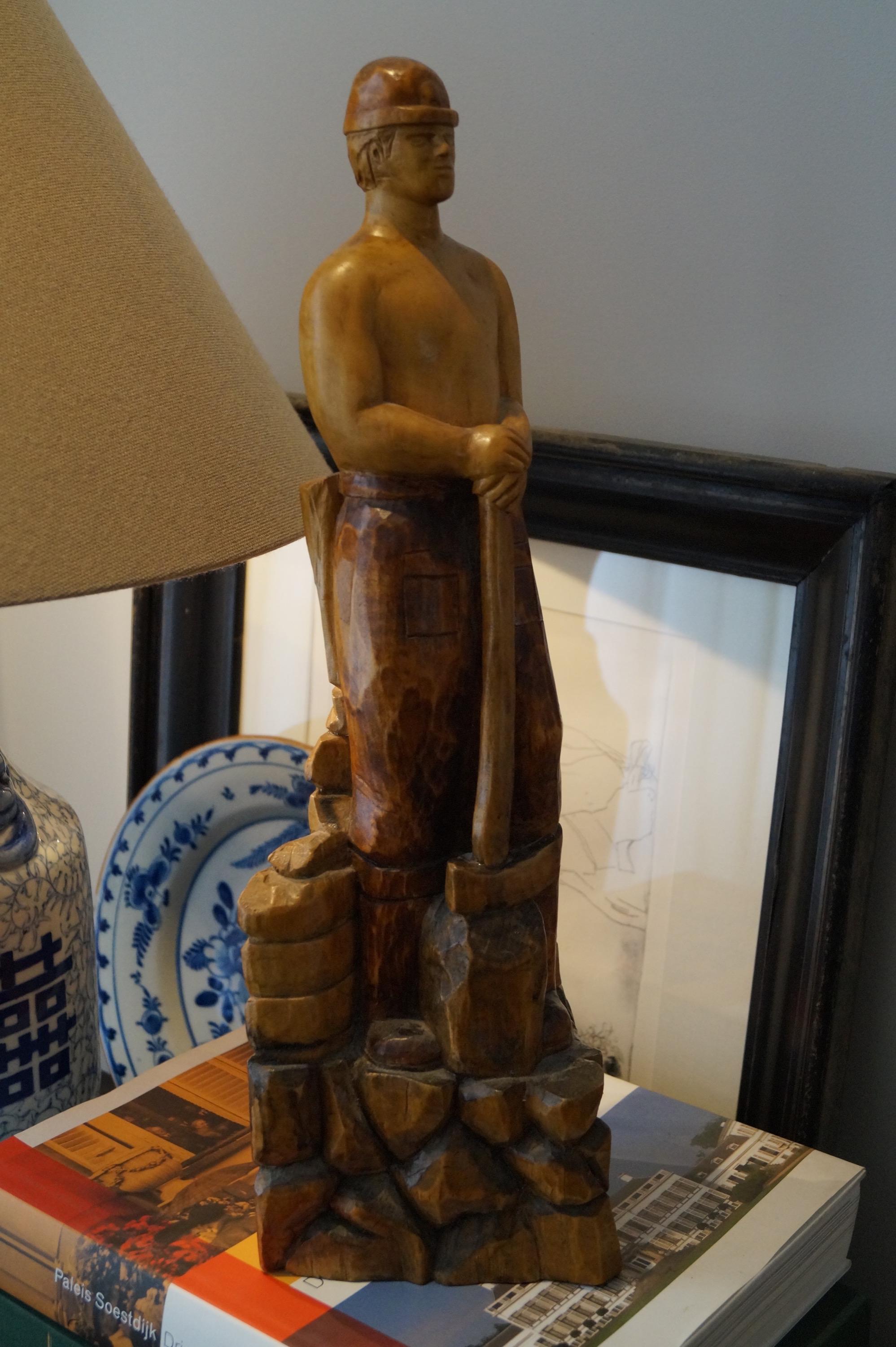 Hand-Carved Strong and Robust Wooden Art Deco Statue of Quarry Worker, Germany, 1920s For Sale