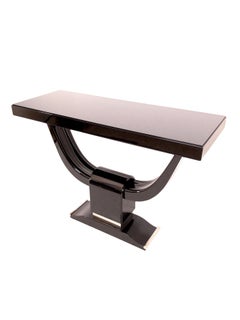 Strong Art Deco Console Table in Black Piano Lacquer and Metal Applications