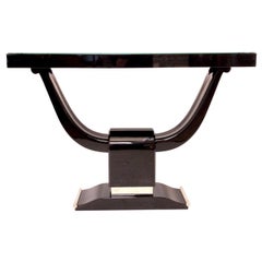 Strong Art Deco Console Table in Black Piano Lacquer and Metal Applications