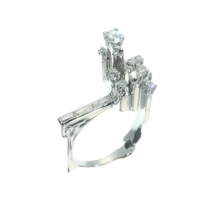 Retro Strong Design Artist Jewelry French Platinum Ring with Diamonds from the 1960s For Sale