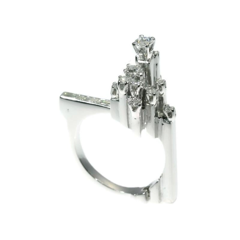 Round Cut Strong Design Artist Jewelry French Platinum Ring with Diamonds from the 1960s For Sale