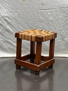 Strong Dutch Stained Wooden Stool with cords circa 1950 Brutalist