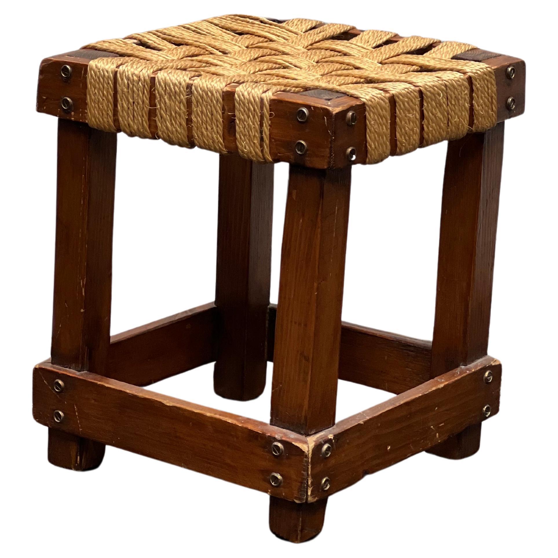 Strong Dutch Stained Wooden Stool with cords circa 1950 Brutalist For Sale