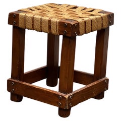 Retro Strong Dutch Stained Wooden Stool with cords circa 1950 Brutalist