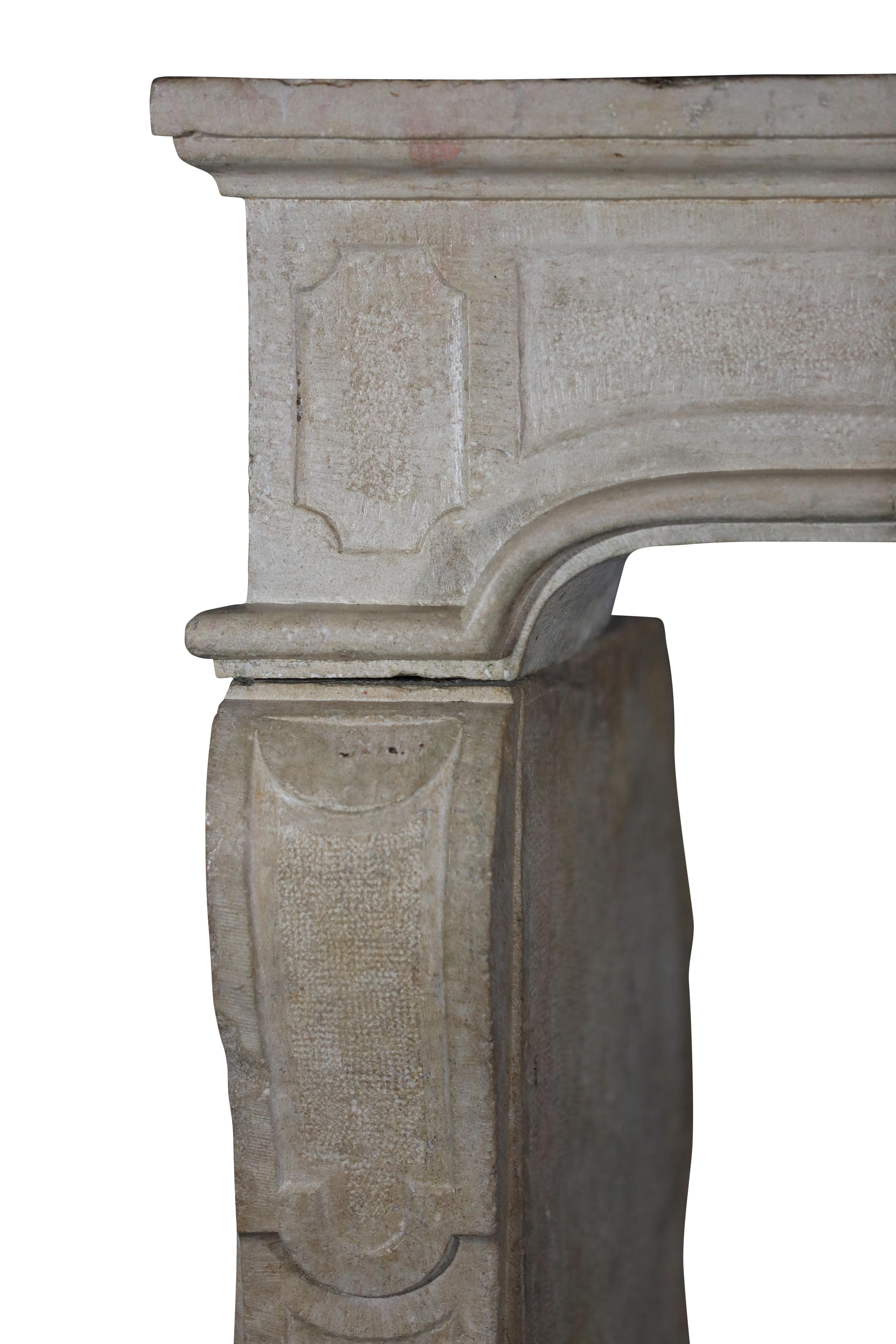 18th Century and Earlier Strong French Beige Hard Limestone Decorative Small Fireplace Surround For Sale