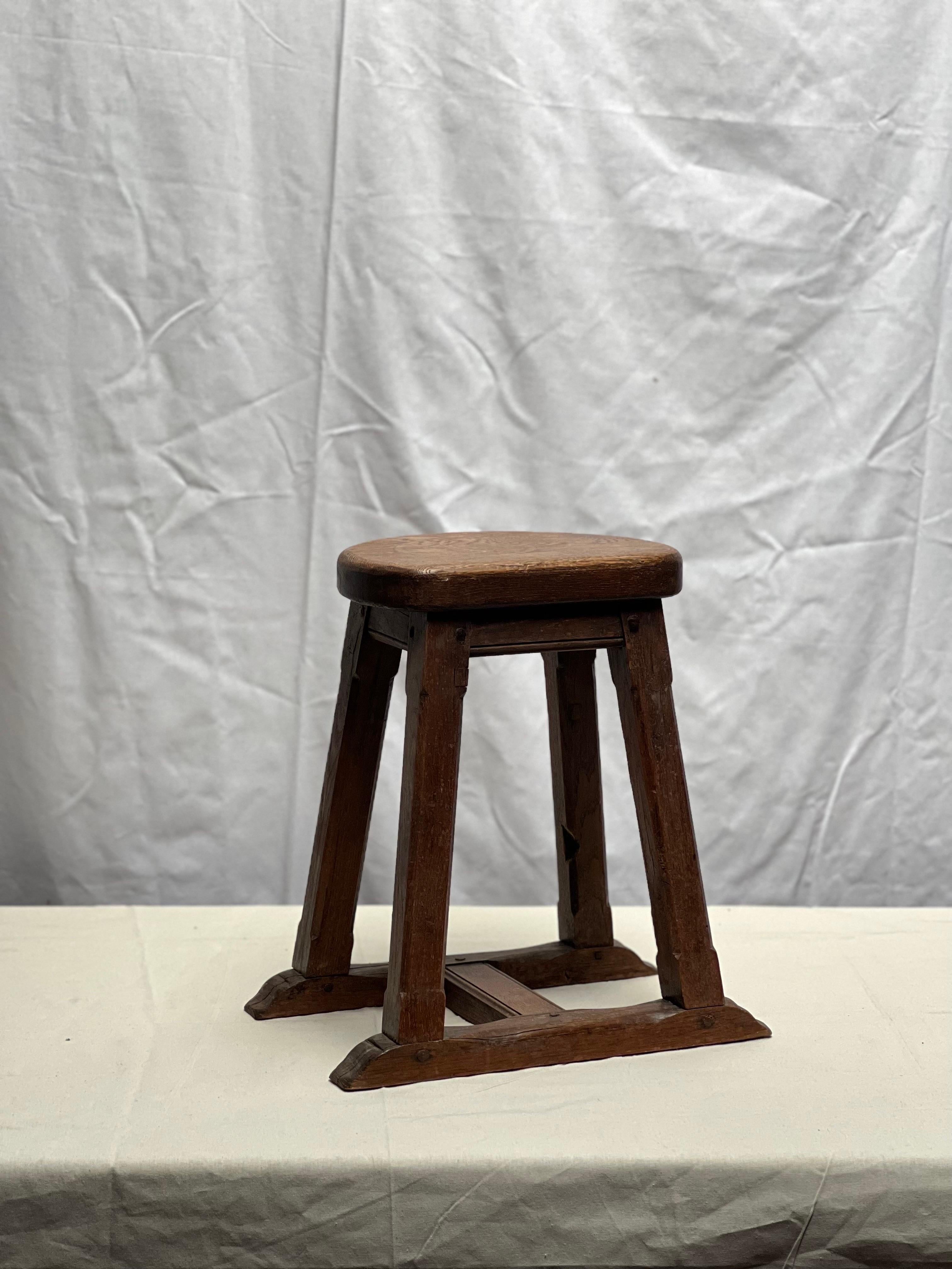 Hand-Crafted Strong French Stained Wooden Stool with handle circa 1900 Brutalist For Sale