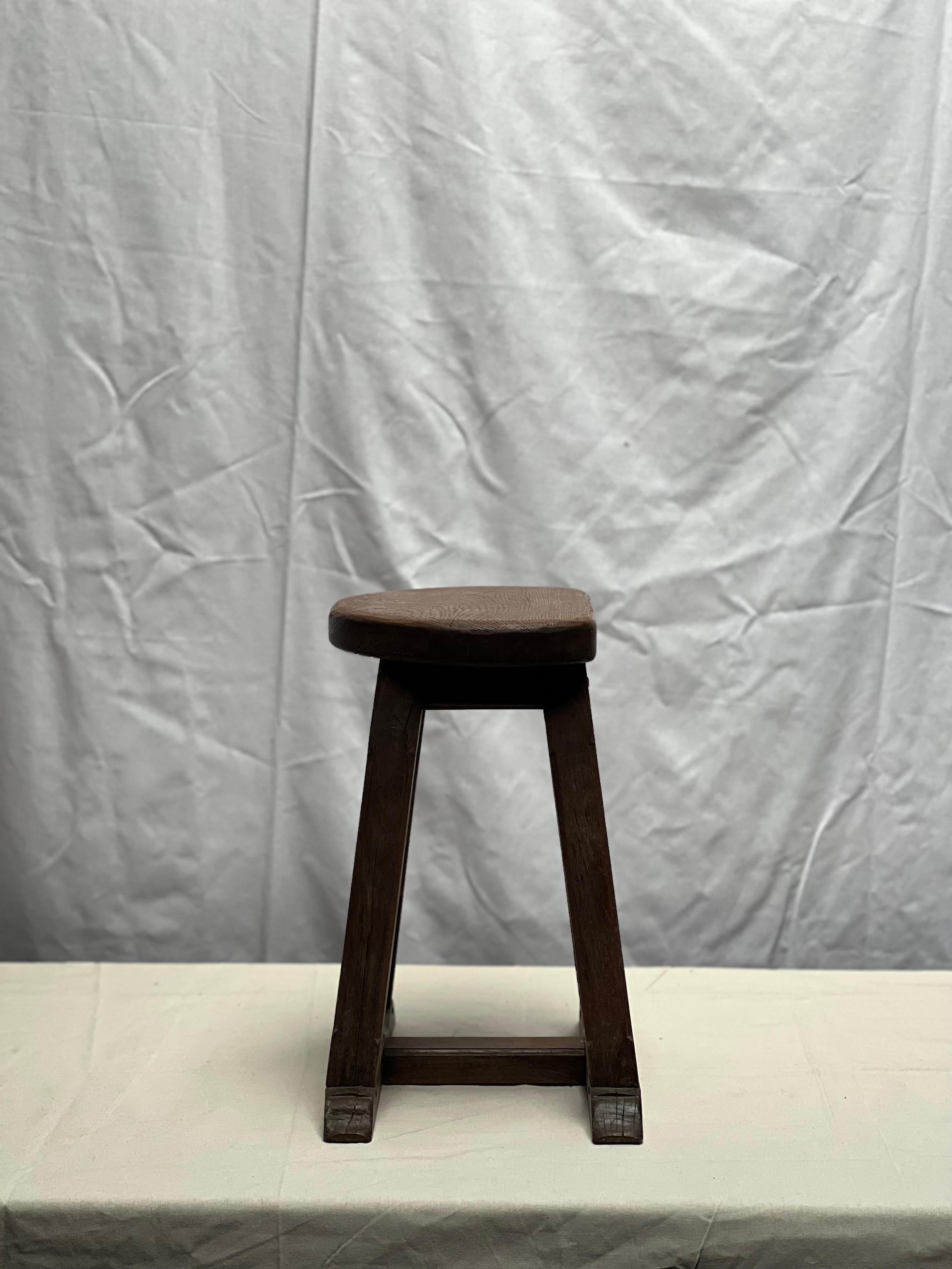 Strong French Stained Wooden Stool with handle circa 1900 Brutalist 3