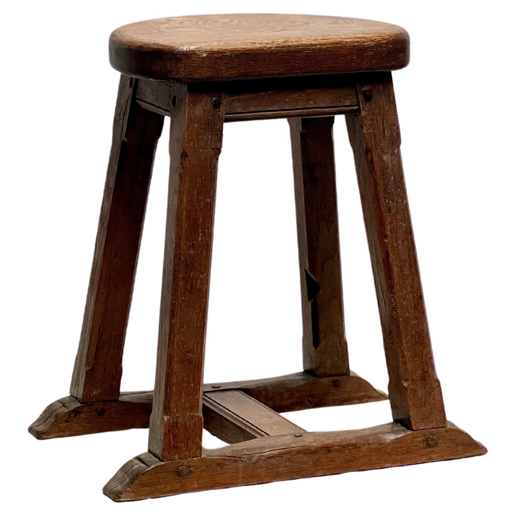 Strong French Stained Wooden Stool with handle circa 1900 Brutalist For Sale