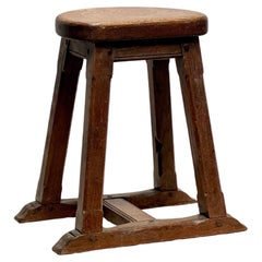 Vintage Strong French Stained Wooden Stool with handle circa 1900 Brutalist