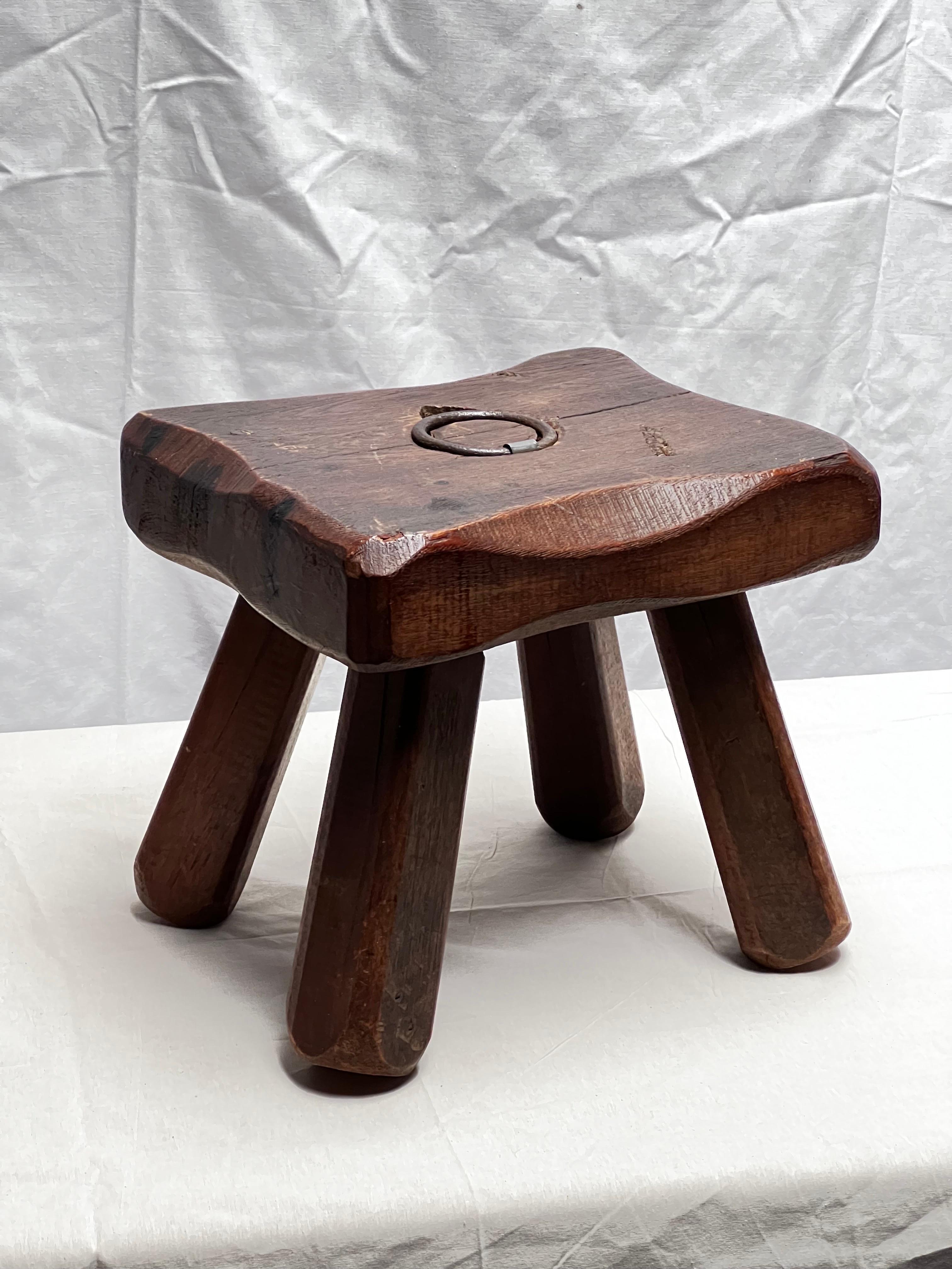 Hand-Crafted Strong French Stained Wooden Stool with handle circa 1960 Brutalist