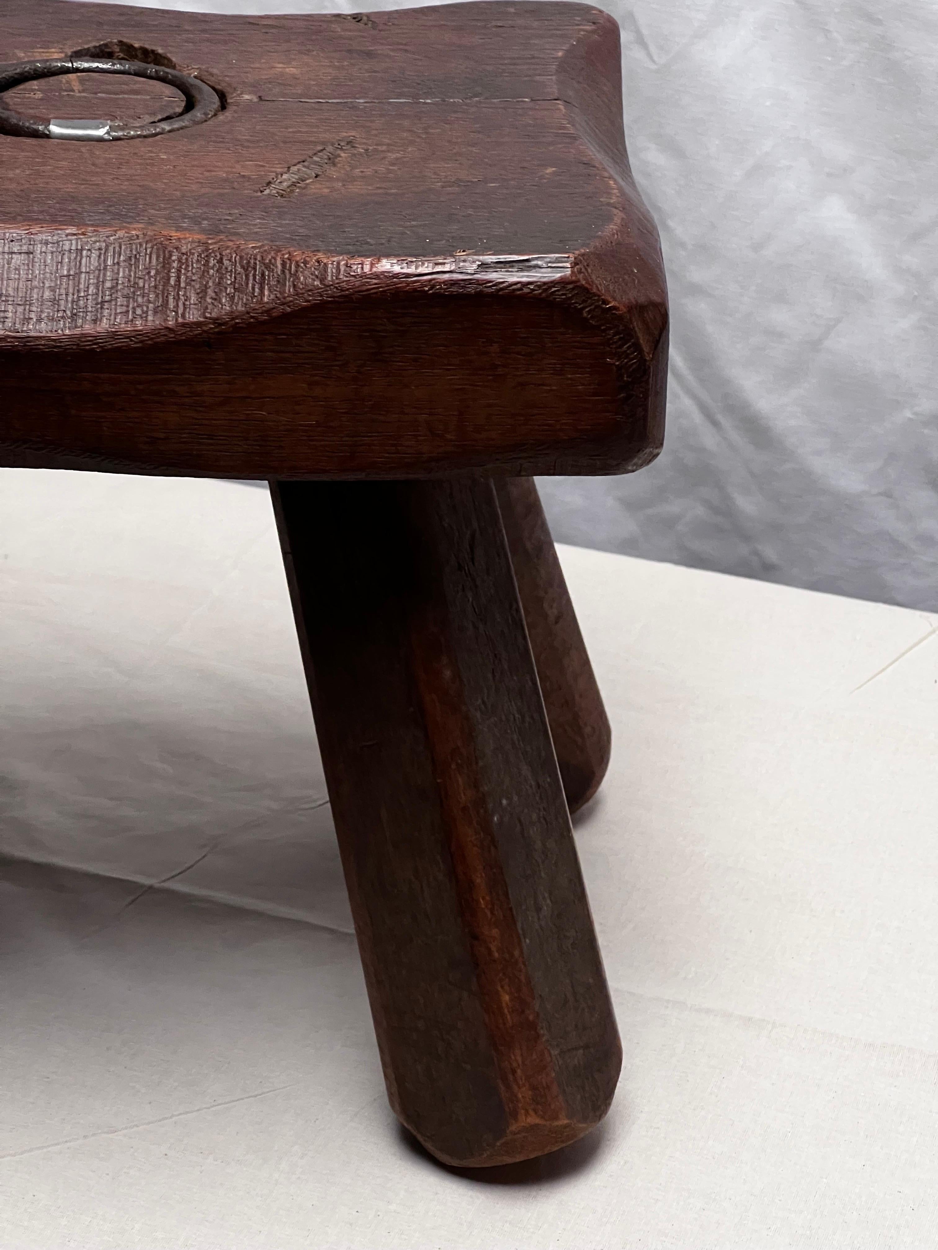 Strong French Stained Wooden Stool with handle circa 1960 Brutalist 1