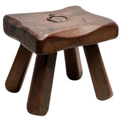 Strong French Stained Wooden Stool with handle circa 1960 Brutalist