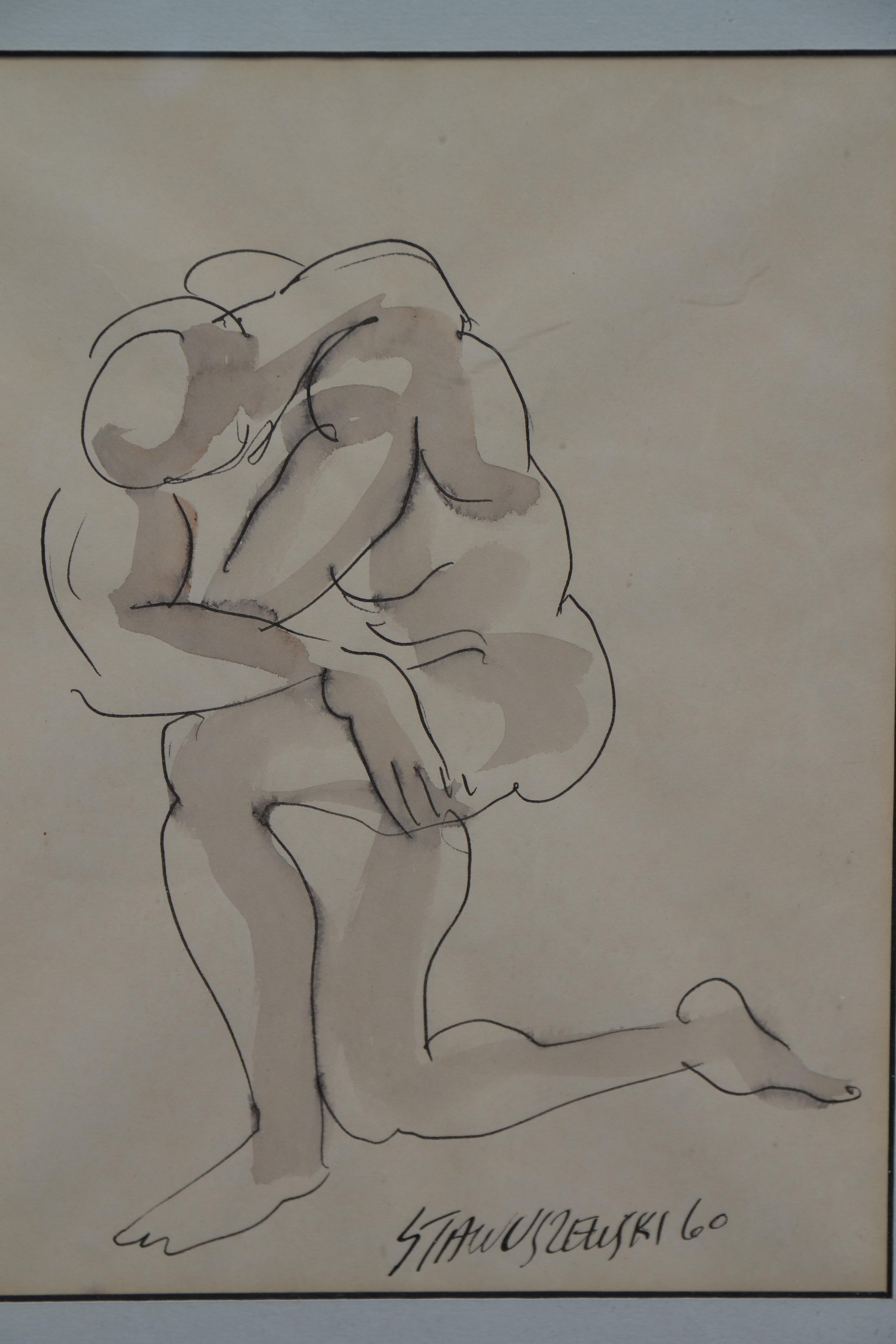 Strong Man Pen and Ink Drawing by Walter Stawuszewski In Good Condition For Sale In Pomona, CA