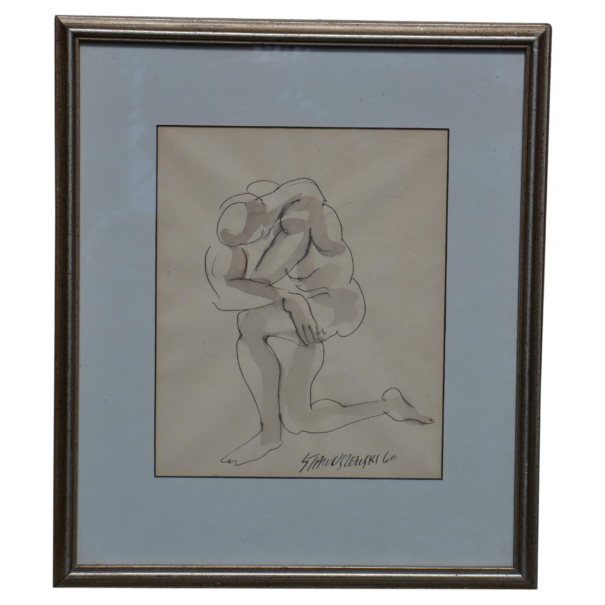 Strong Man Pen and Ink Drawing by Walter Stawuszewski For Sale