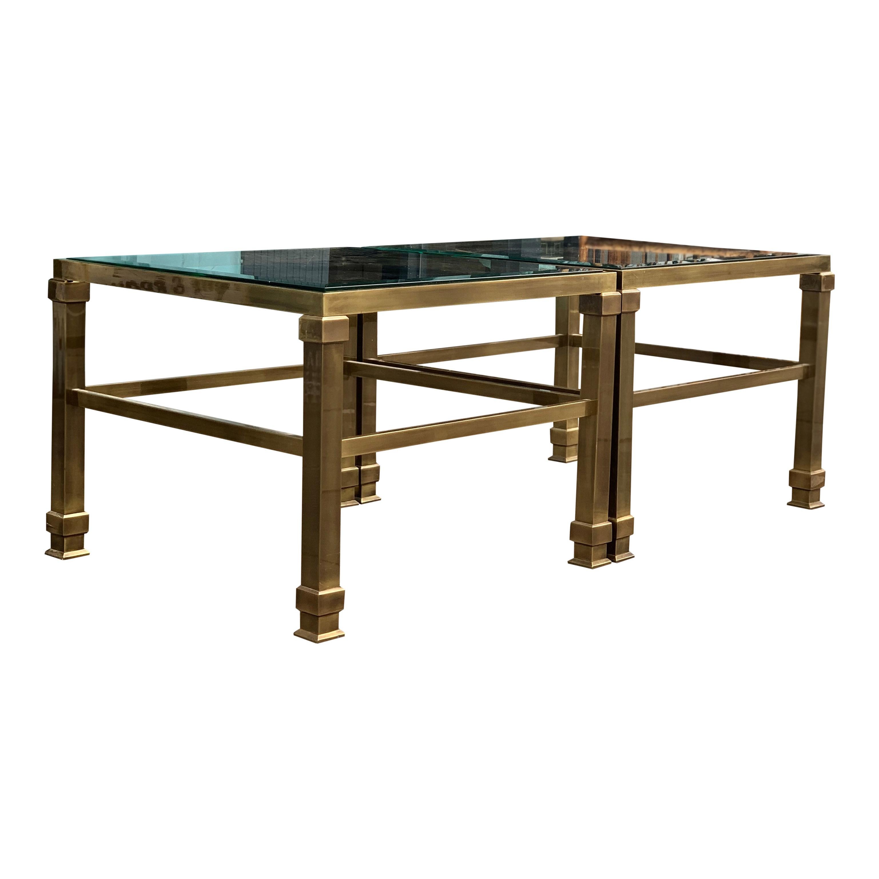 A strong, bold, masculine looking pair of 20th century brass side tables.

If you check my listing this is the second pair of these side tables so x4 together could look very good.