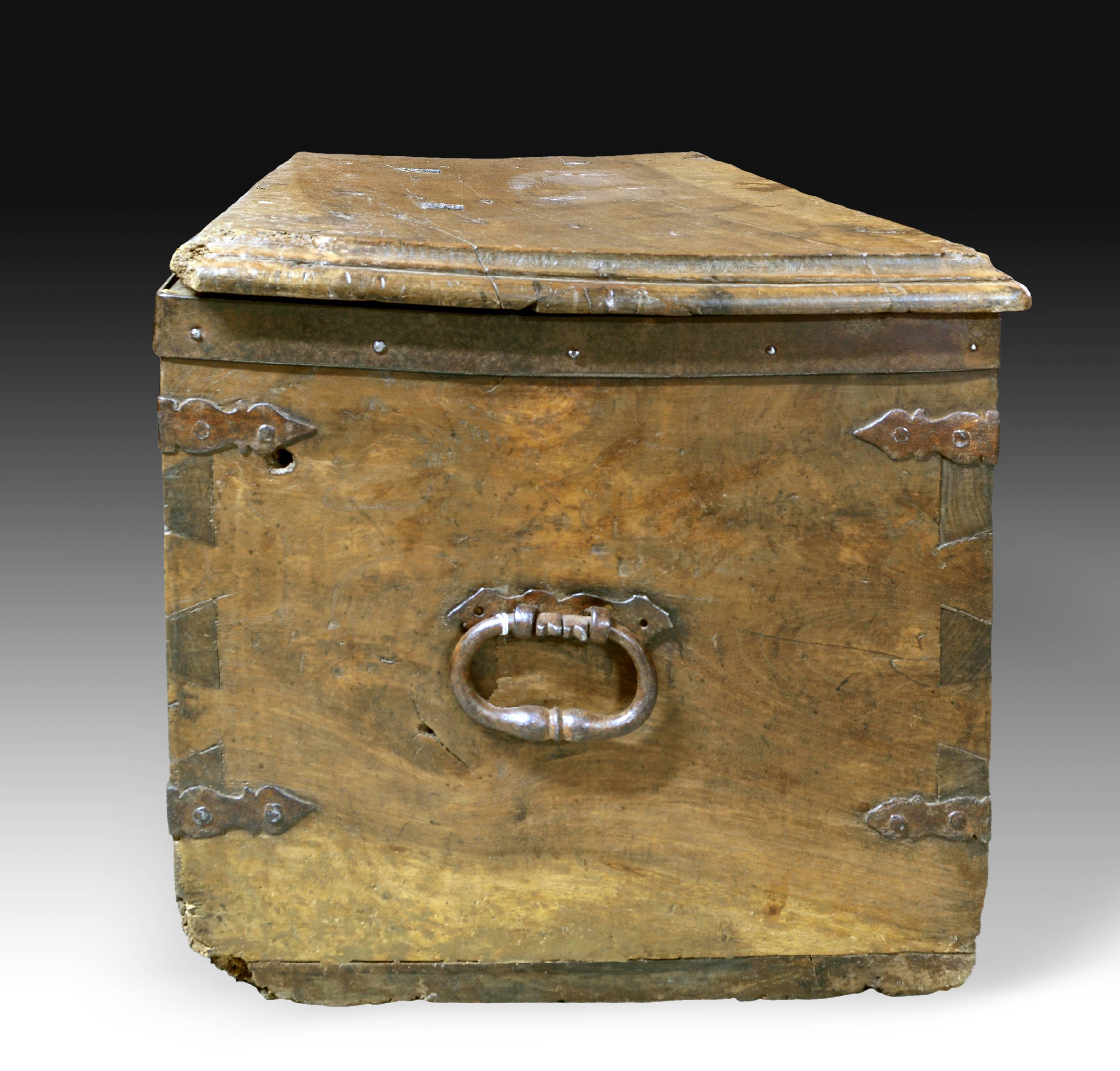 Strongbox Chest with Four Locks, Walnut and Iron, 16th-17th Centuries In Good Condition In Madrid, ES