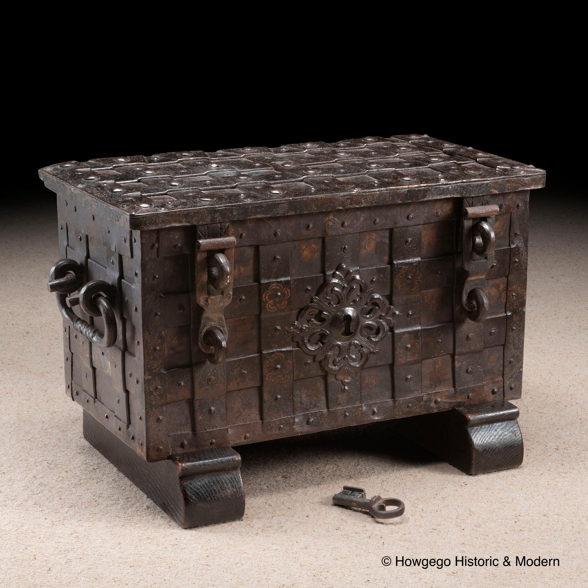 Hand-Painted Strongbox Safe Chest Iron Painted Armada 12 bolt lock Nuremberg Renaissance For Sale