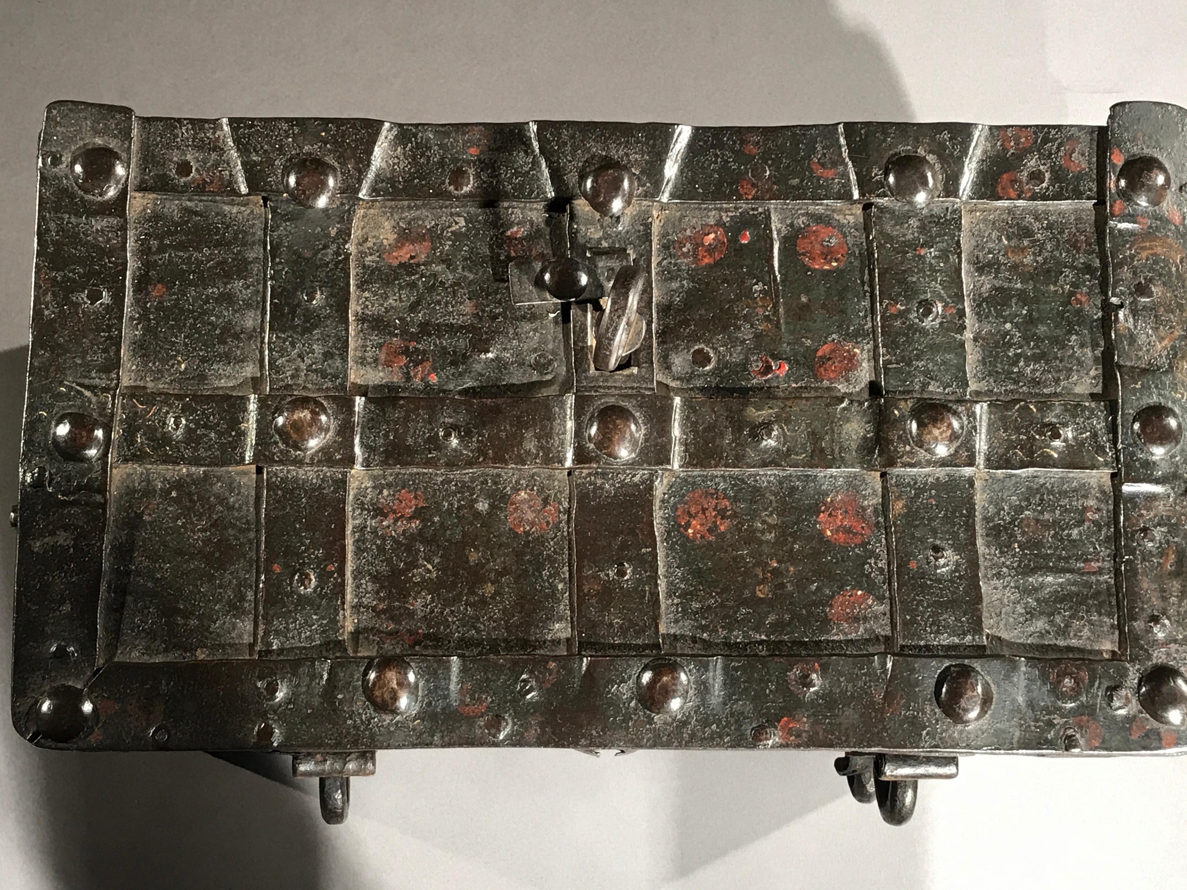 18th Century and Earlier Strongbox Safe Iron Table-Top Renaissance Painted Nuremberg Armada Chest Folk