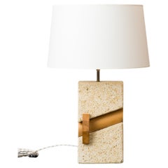 Structuralist "Gard" Stone & Solid Oak Geometrical Elements Lamp - France 1970's