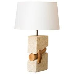 Structuralist "Gard" Stone & Solid Oak Geometrical Elements Lamp - France 1970's