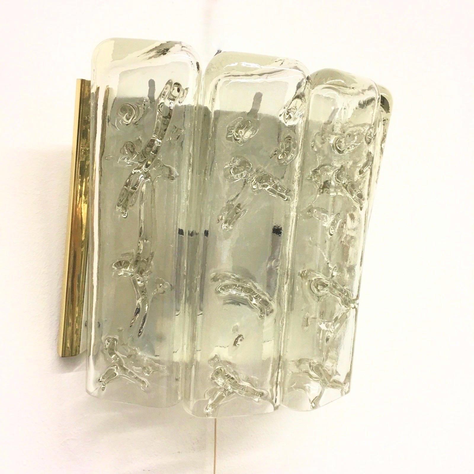 Mid-Century Modern Structured Ice Glass and Brass Wall Sconces by Doria, 1970s