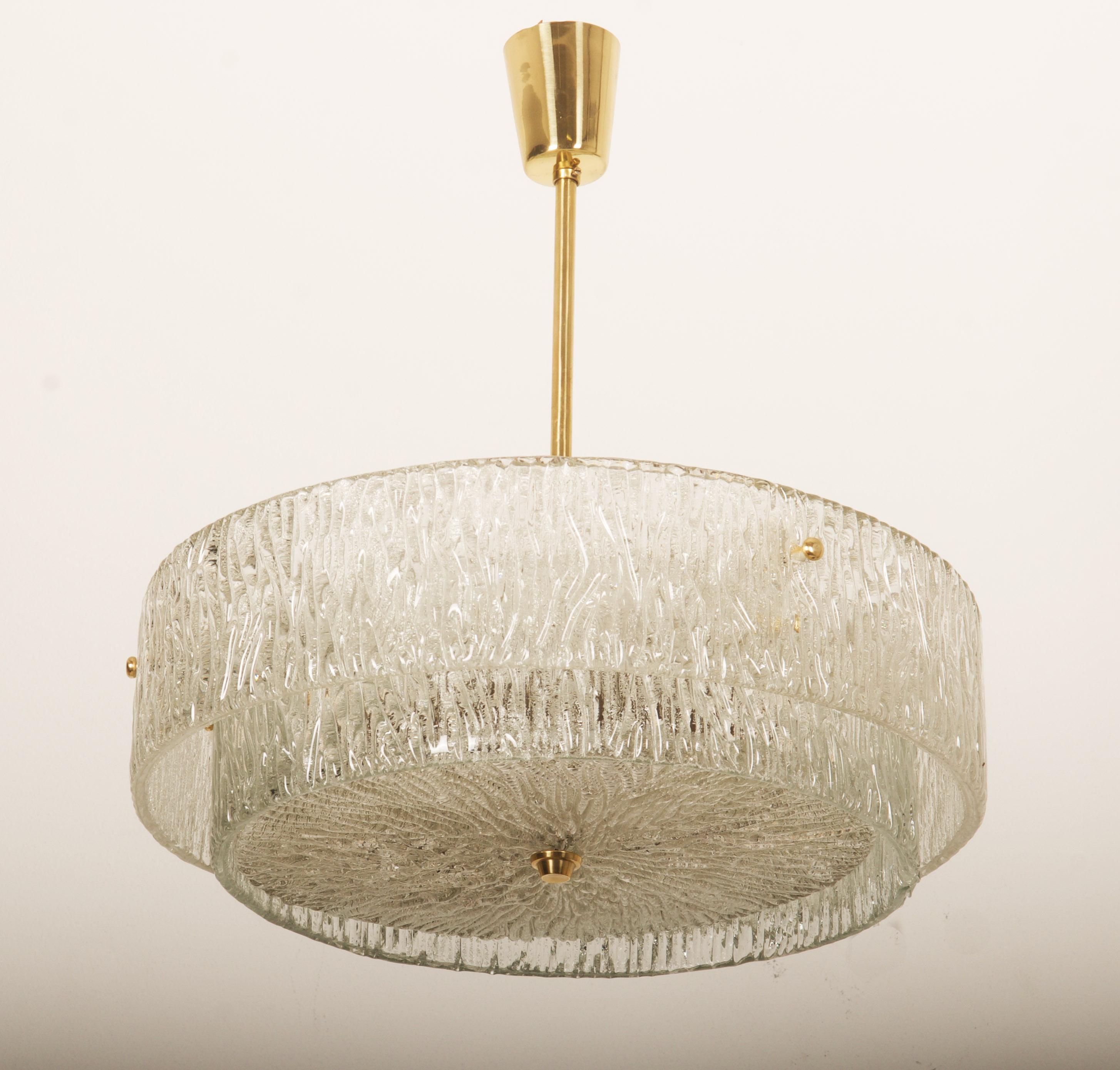 Mid-Century Modern Structured Ice Glass Chandelier by J.T. Kalmar For Sale