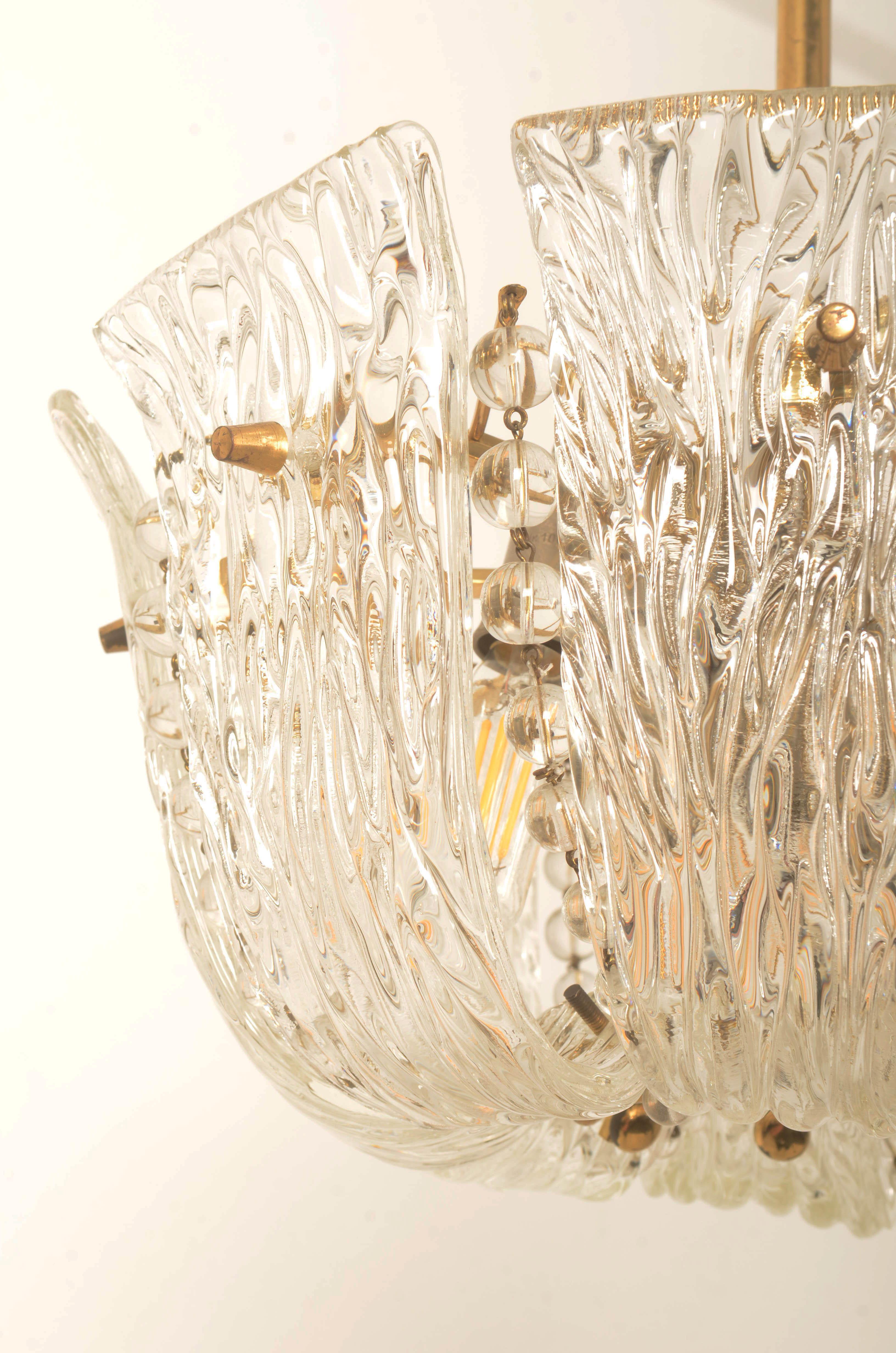 Mid-Century Modern Structured Ice Glass Chandelier by J.T. Kalmar For Sale