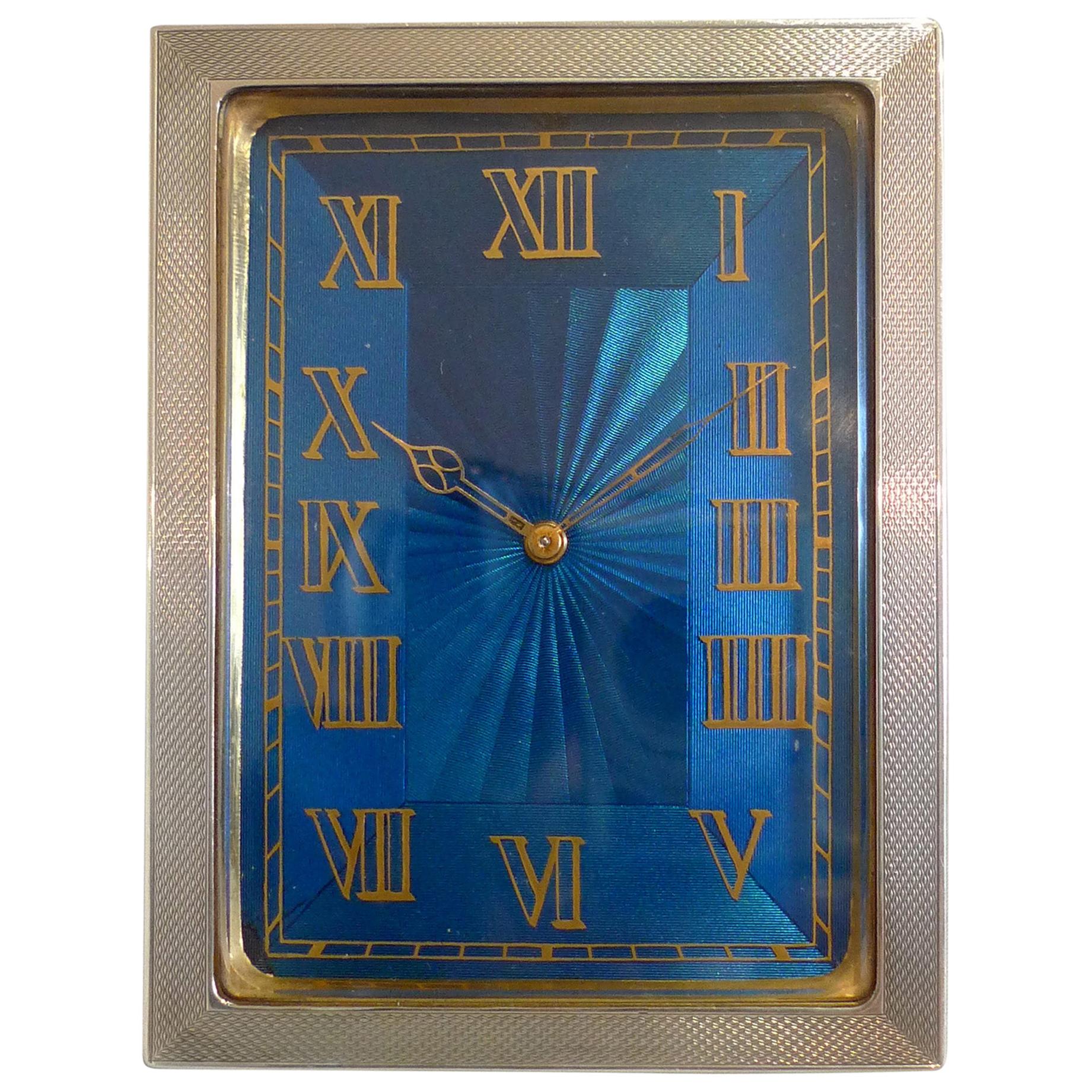 Strut Clock in Silver and Petrol Blue Guilloche Enamel