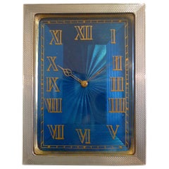 Strut Clock in Silver and Petrol Blue Guilloche Enamel