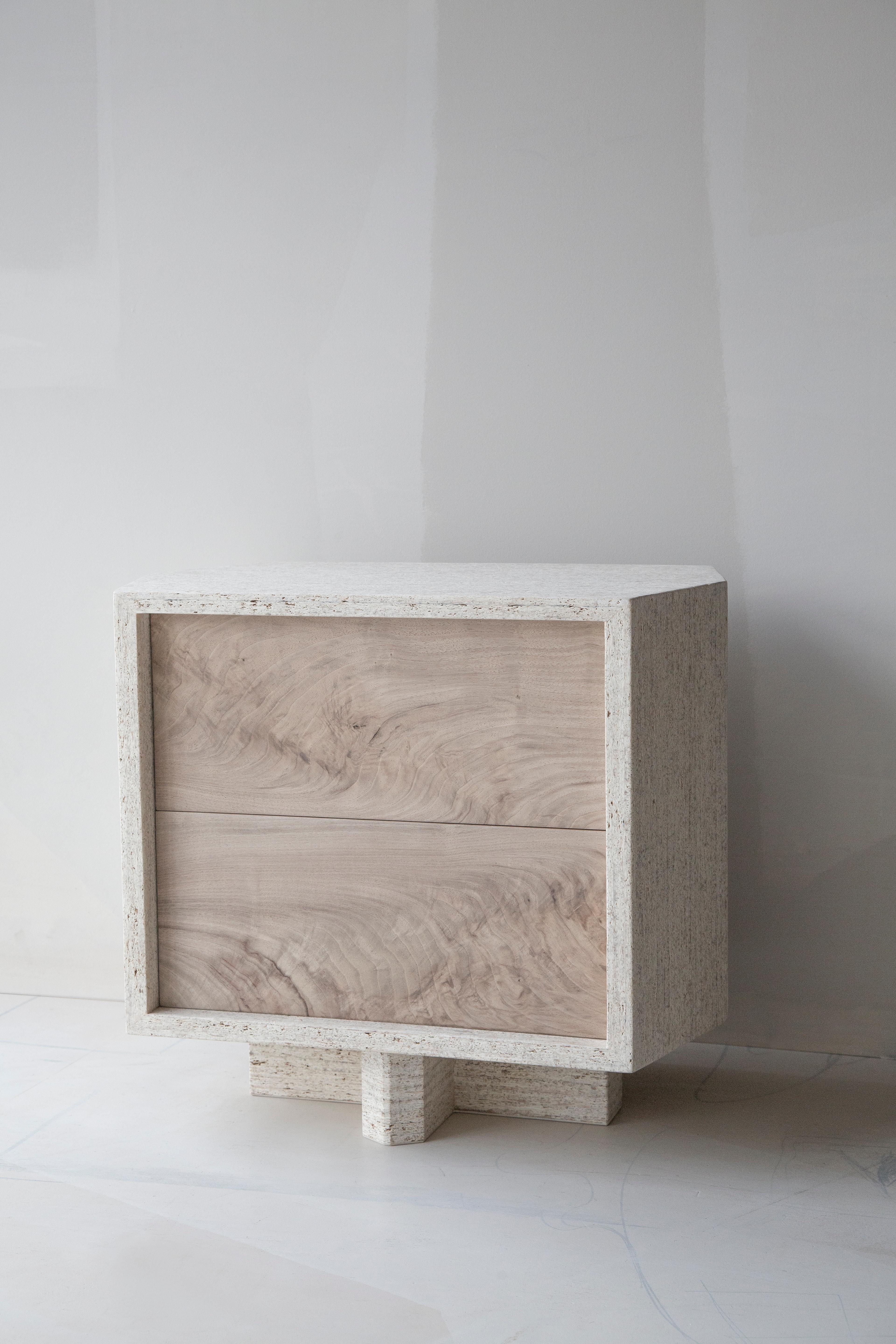 Brutalist and modern architecturally inspired side table or nightstand is available with a floor base or wall mountable without base. Each table is fabricated by hand and available to order in a combination of finish options. Inner drawer portholes