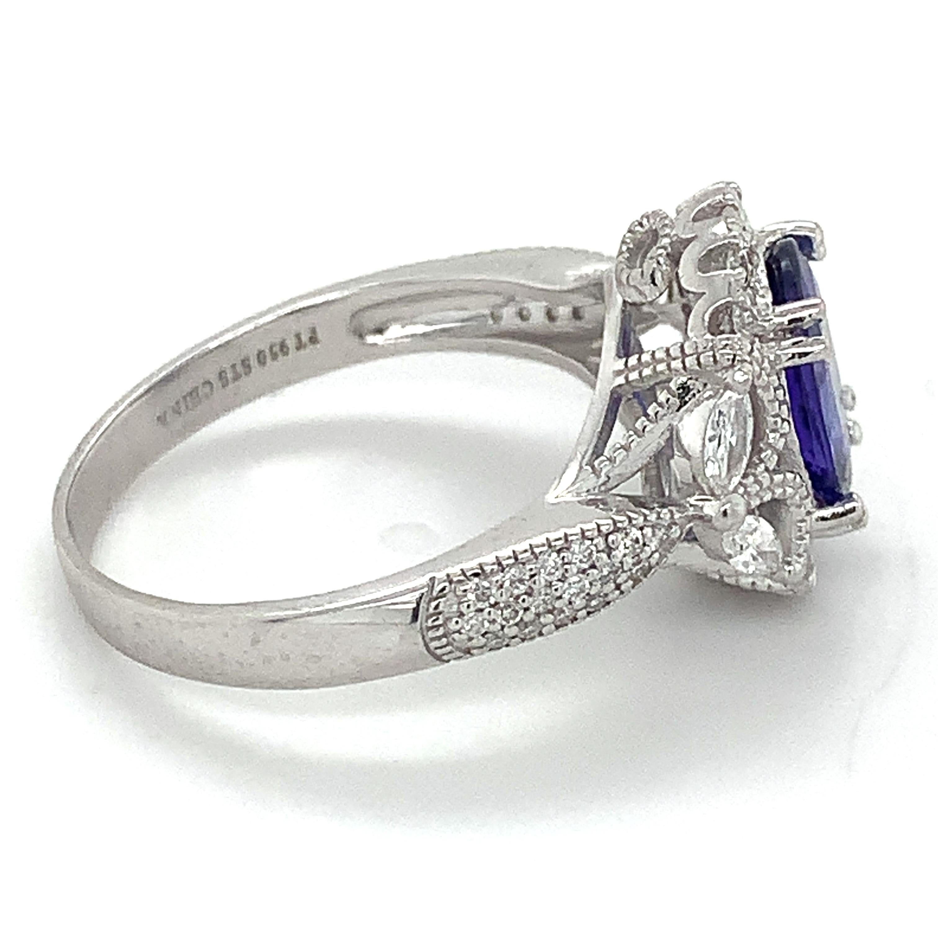 Women's or Men's STS Platinum Oval Tanzanite W/ Marquise & Round Diamond Halo Ring Size 9.25