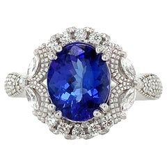 STS Platinum Oval Tanzanite W/ Marquise & Round Diamond Halo Ring Size 9.25