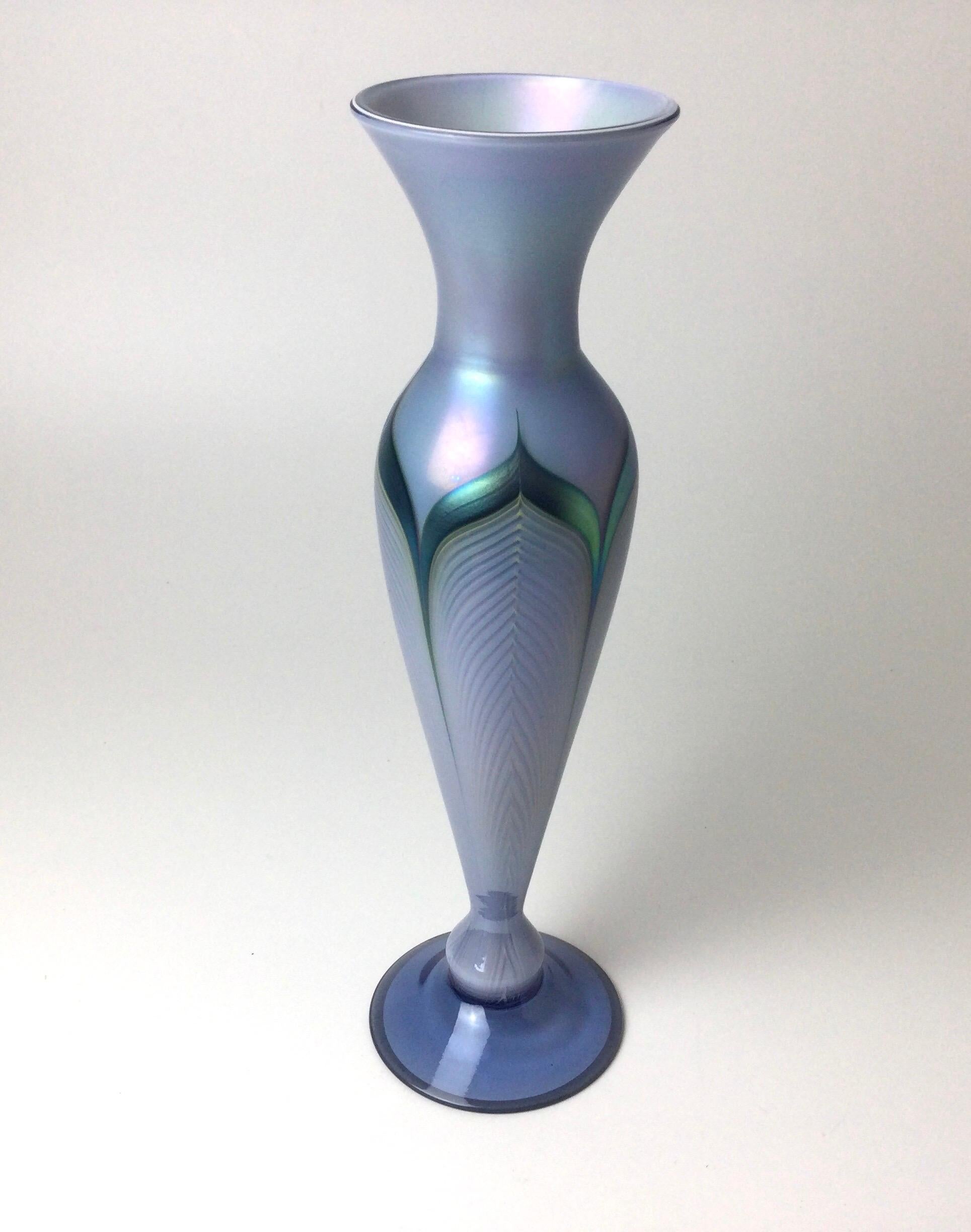 Stuart Abelman art glass pulled feather Art Nouveau tall vase, 1980. Measures: 14 1/2