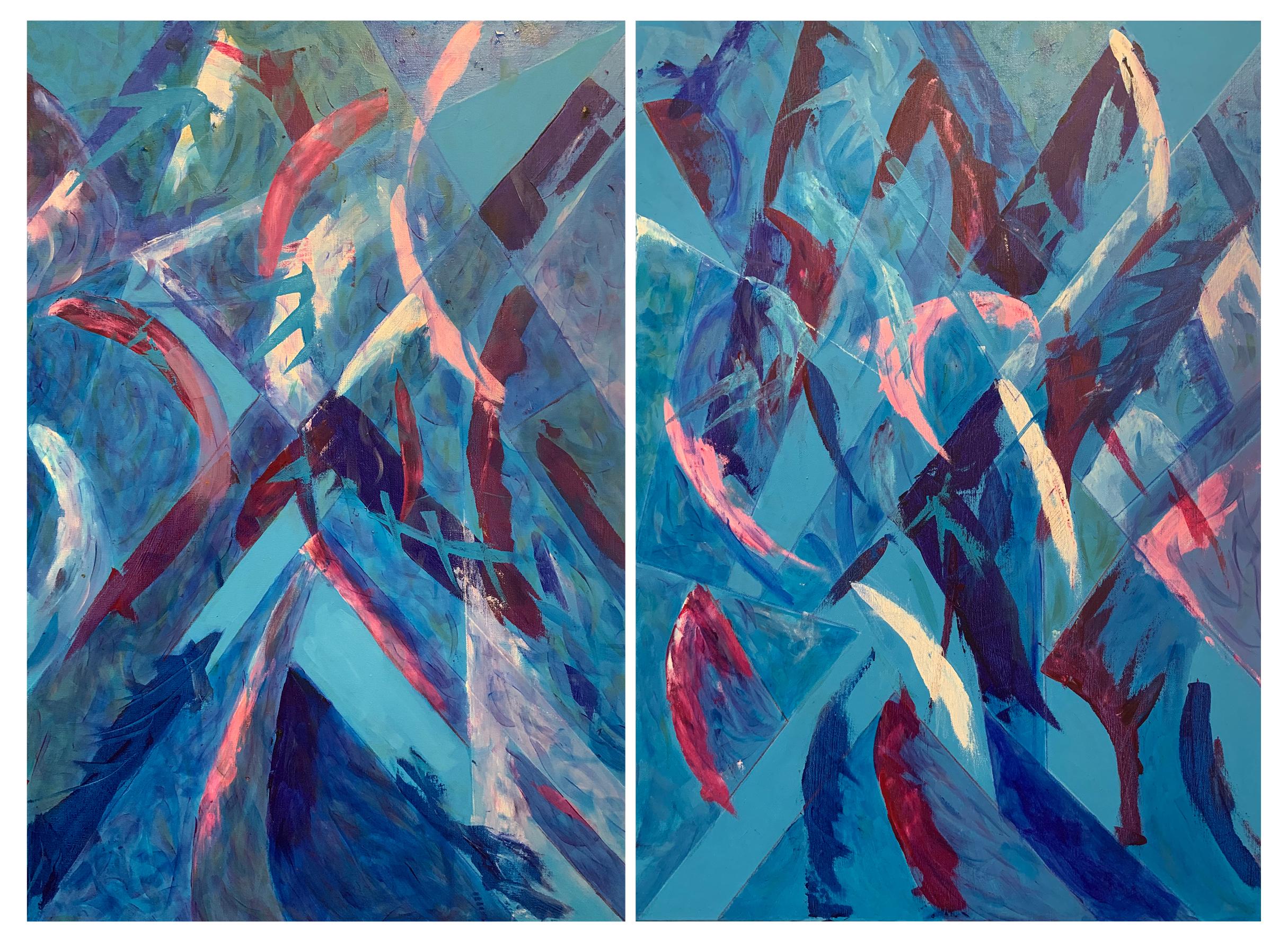 Stuart Bigley Abstract Painting – Blaues Diptychon 2 / Geschwister