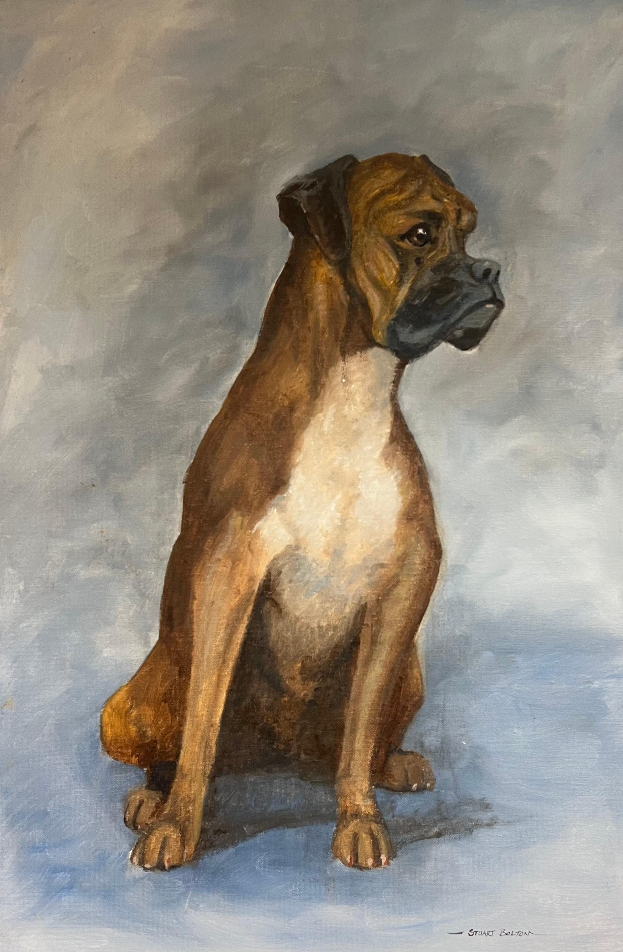 Pintura canina británica Retrato de un perro bóxer Óleo inglés firmado - Animal Painting Gris de Stuart Bolton
