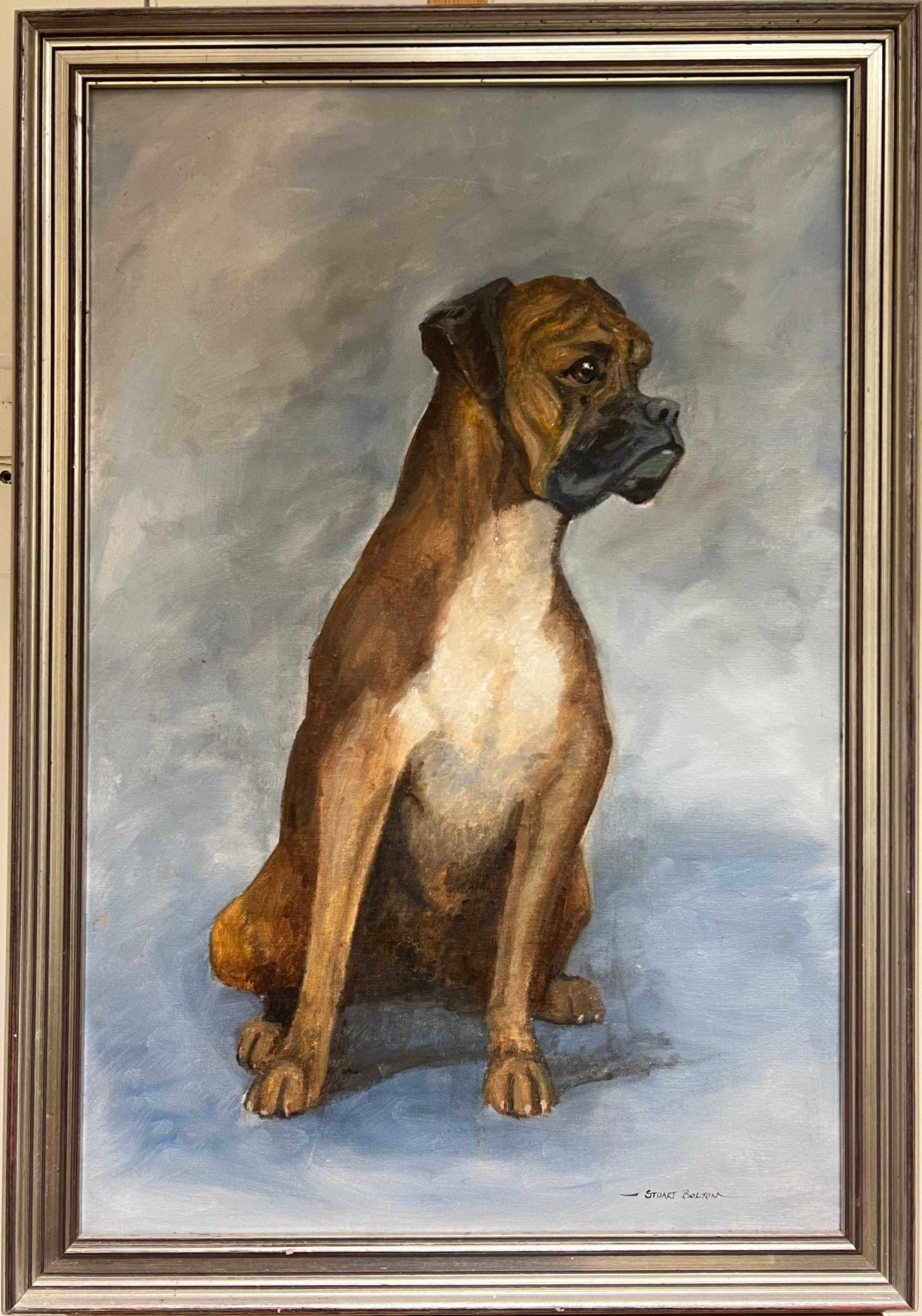 Pintura canina británica Retrato de un perro bóxer Óleo inglés firmado en venta 1