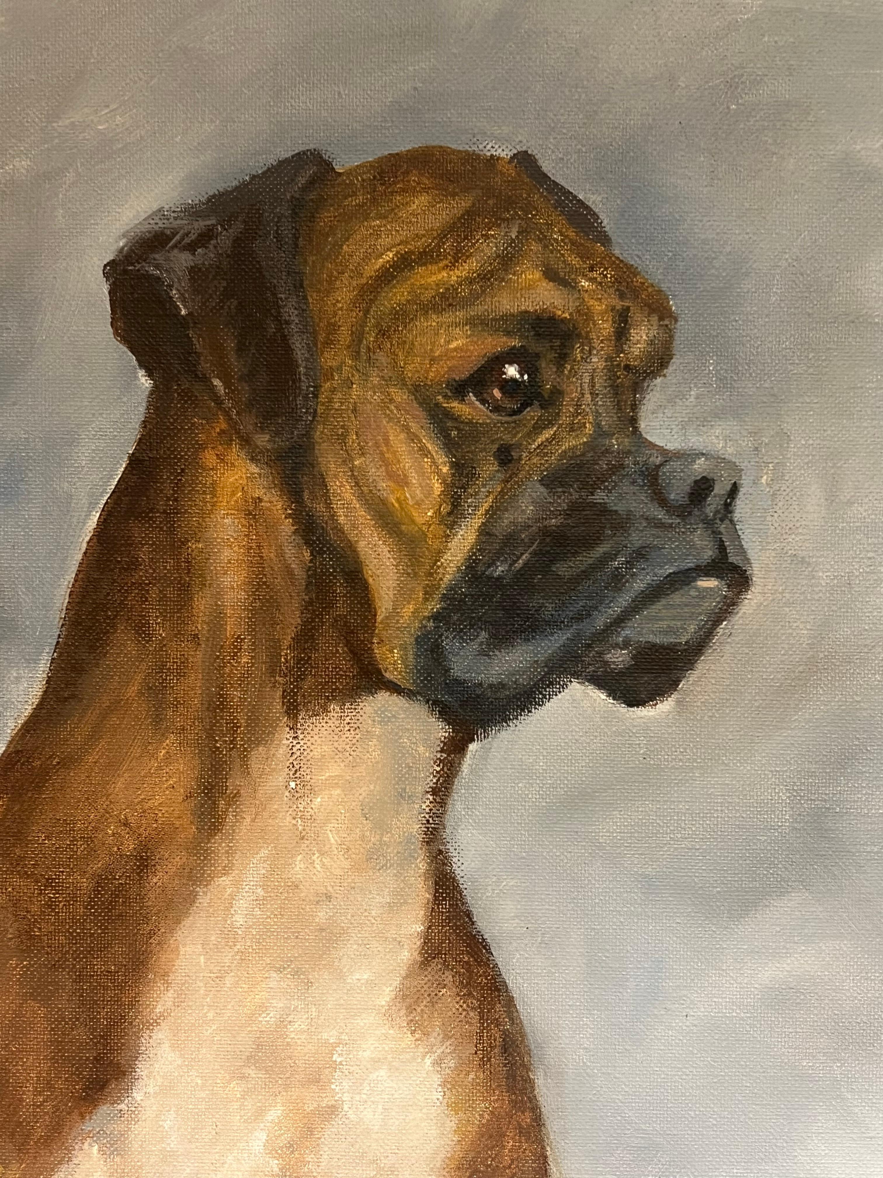 Pintura canina británica Retrato de un perro bóxer Óleo inglés firmado en venta 2