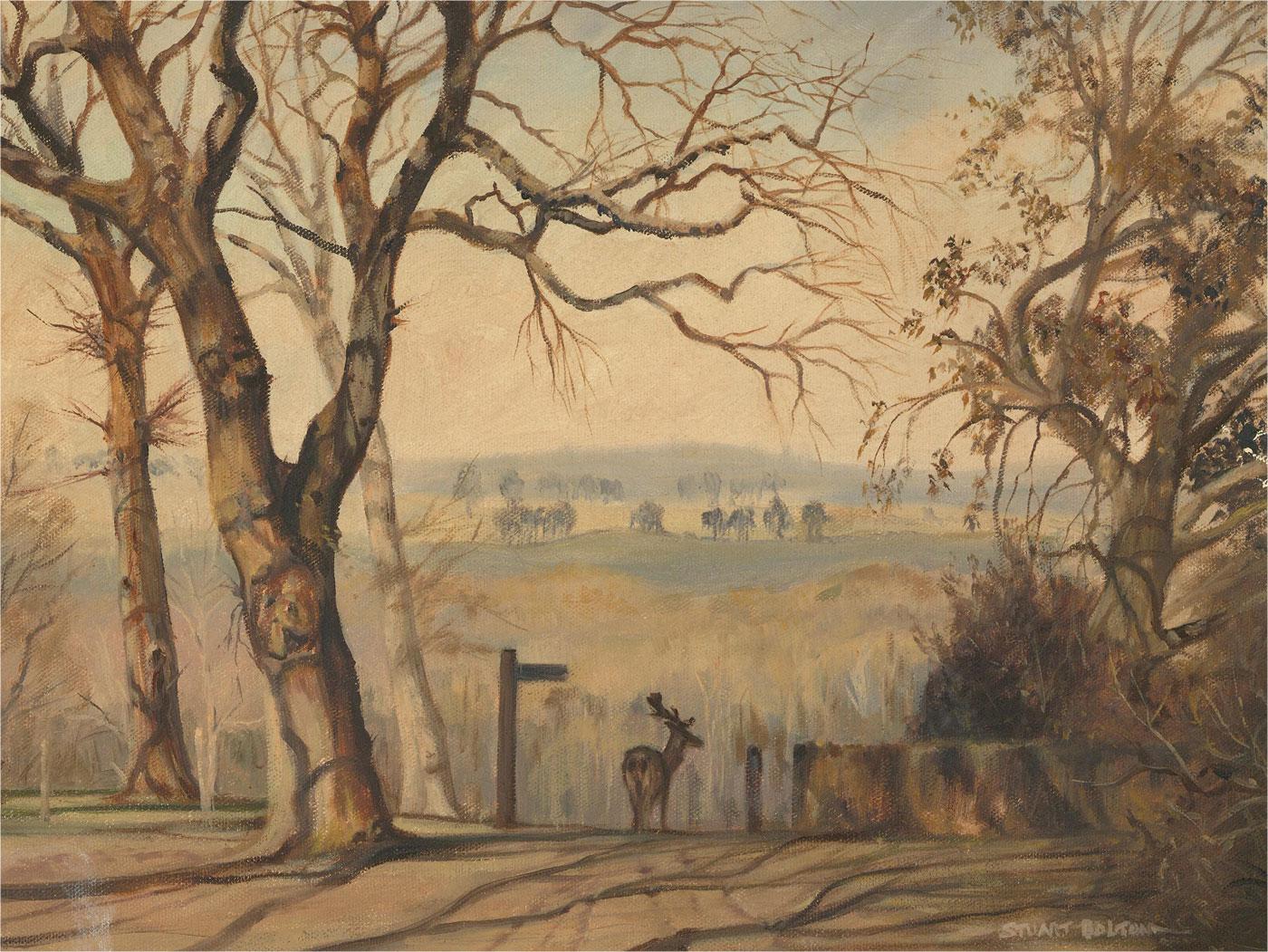 Un bellissimo paesaggio a olio che mostra le ampie e dolci colline dell'Antony Estate in Cornovaglia. L'artista ha catturato il momento di sacra quiete che si prova quando si incontra un cervo in libertà. Il dipinto è firmato nell'angolo in basso a
