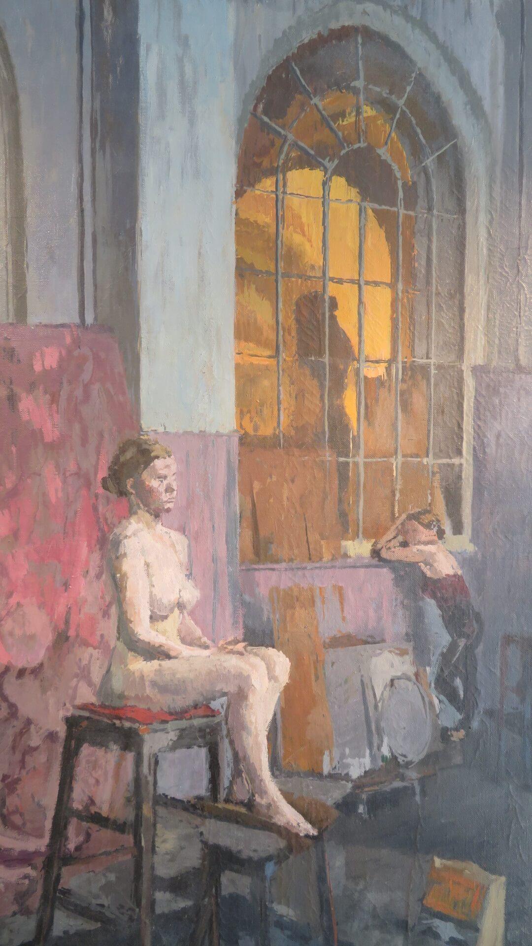 Stuart Denyer NEAC - grande peinture à l'huile originale anglaise STUDIO NUDE, R.A. LONDRES en vente 1