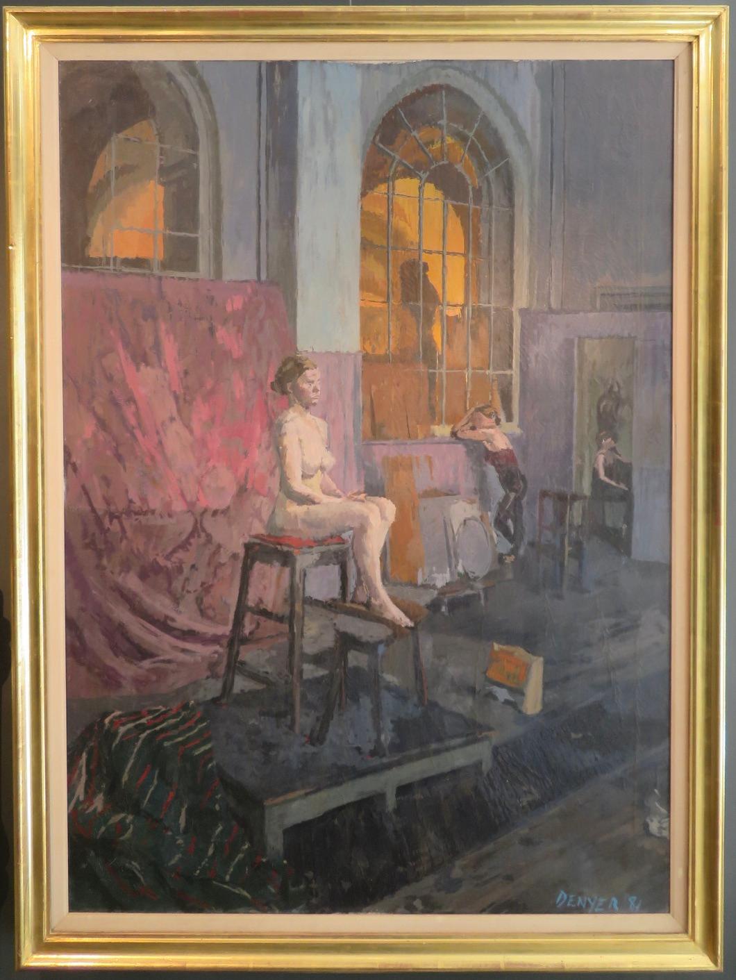  ARTIST: Stuart Denyer NEAC (1953-) British

TITLE: "The Studio At The Royal Academy London"

SIGNED: lower right and dated 1981

MEASURES: 120cm x 89cm inclusive of frame

CONDITION: Good but with some craquelure to the paint commensurate with the