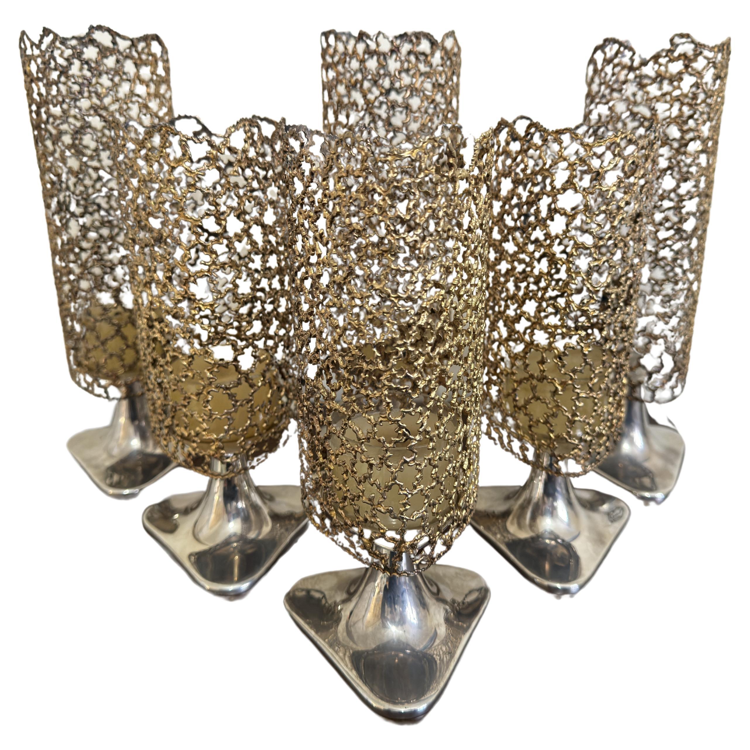 Stuart Devlin Silberne Kerzenständer mit vergoldeten Schirmen - 6er-Set im Angebot