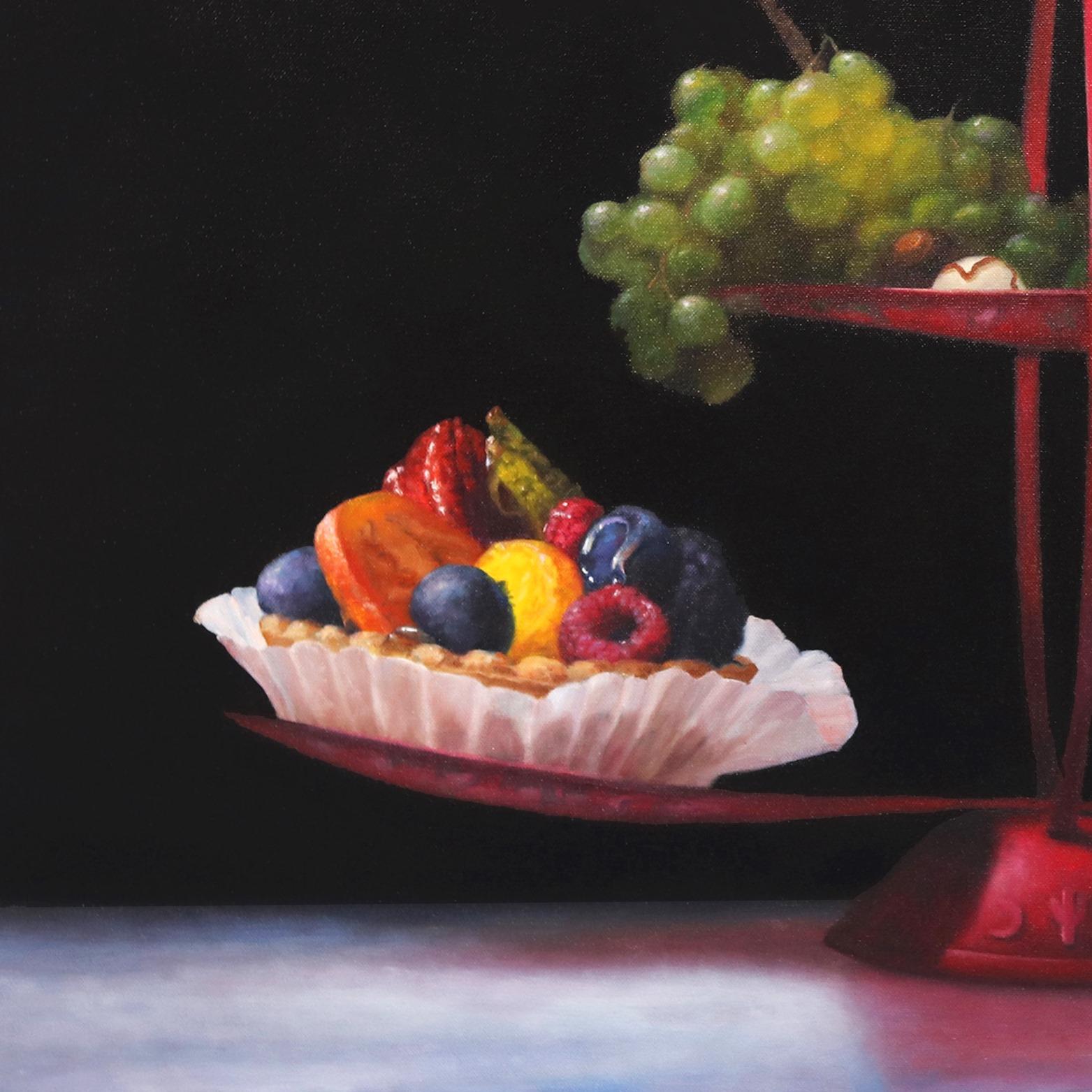 Chinese Desserts - Photorealist Fruit Tart Grapes Cupcake Colorful Oil Painting  For Sale 1