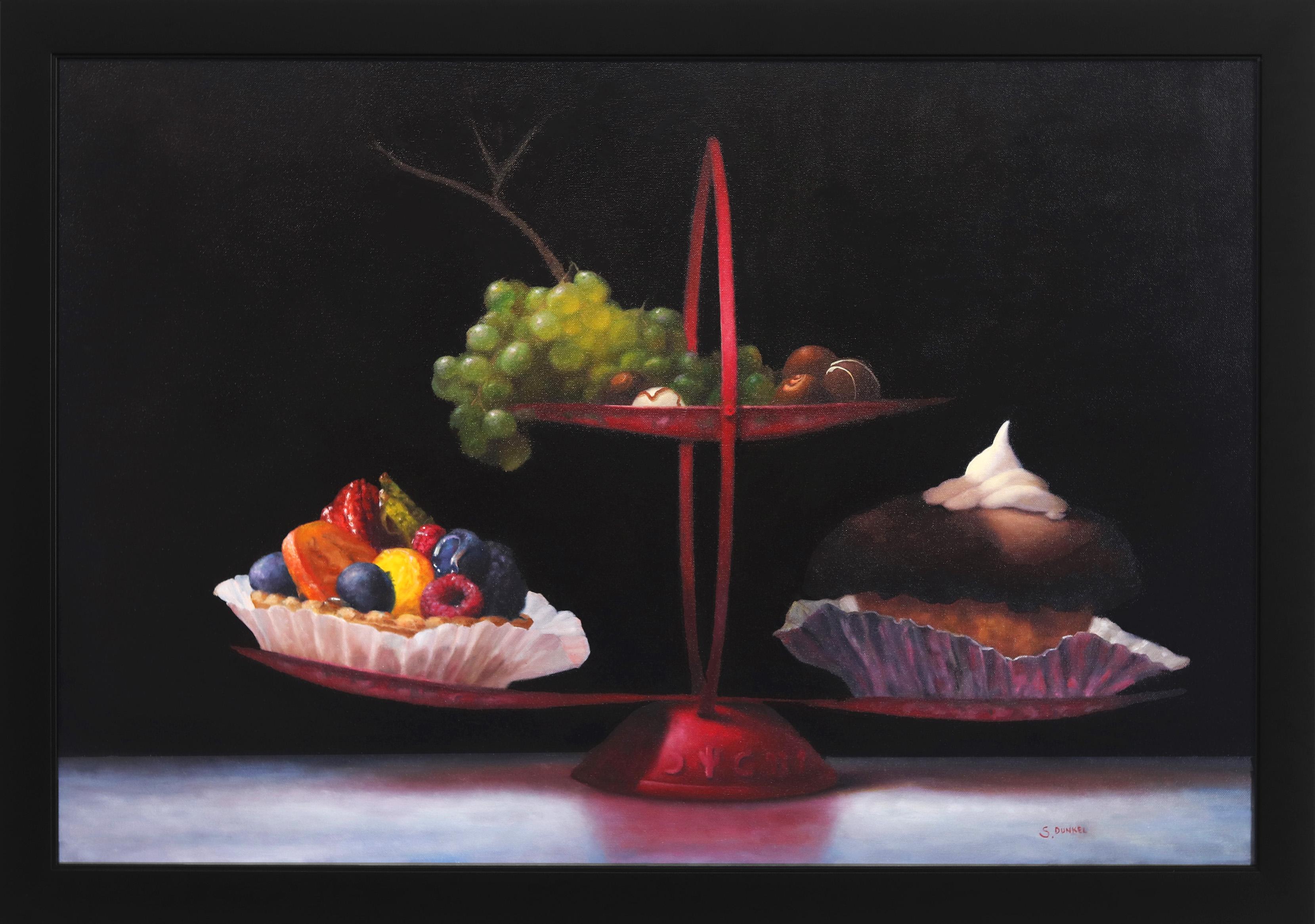Stuart Dunkel Interior Painting - Chinese Desserts - Photorealist Fruit Tart Grapes Cupcake Colorful Oil Painting 