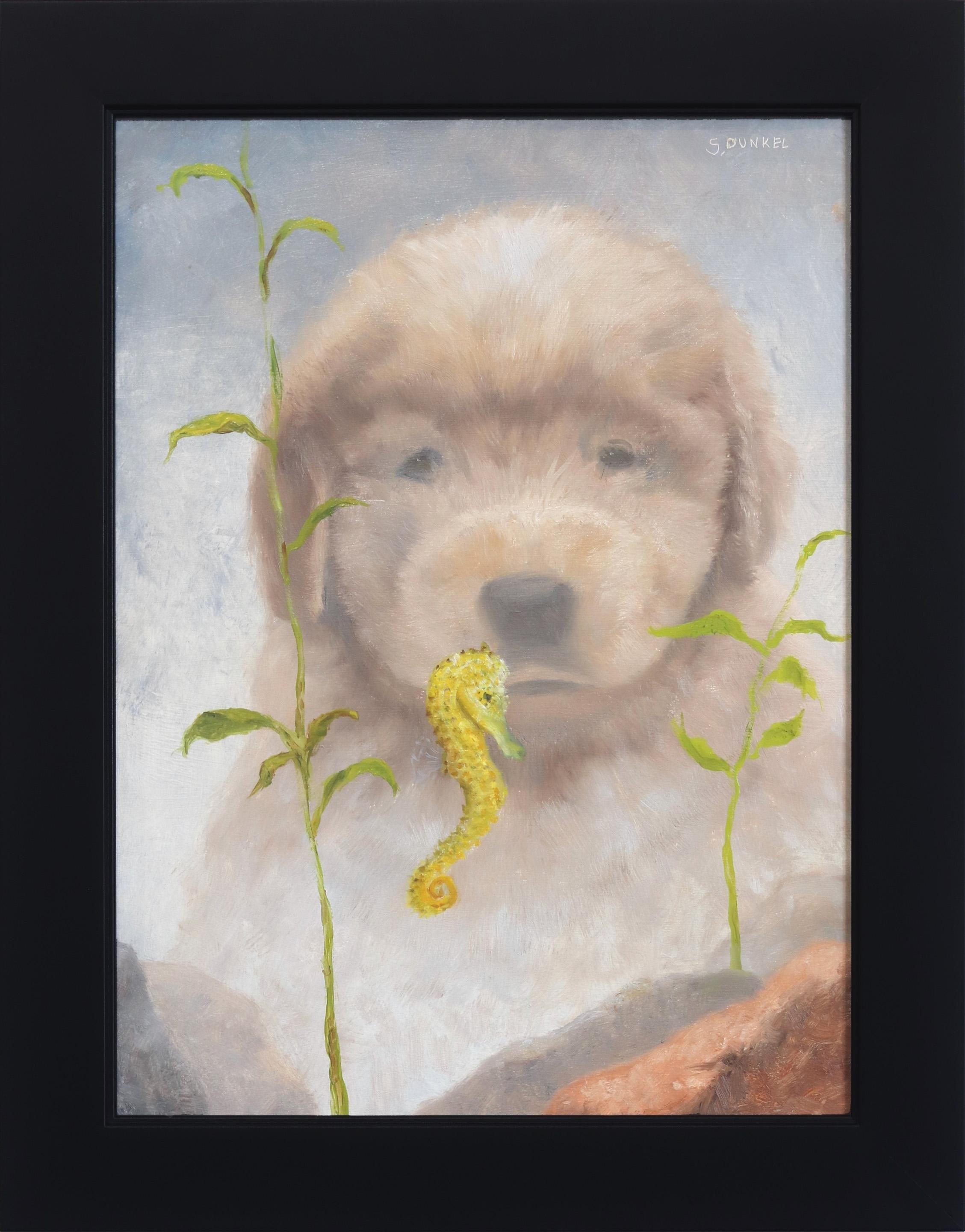 Seahorse and Puppy - Framed Animal Painting Dog Looking Through Aquarium