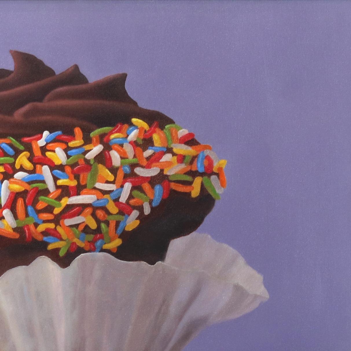 Sprinkles - Photorealist Chocolate Cupcake Colorful Sprinkles on Purple Painting For Sale 1