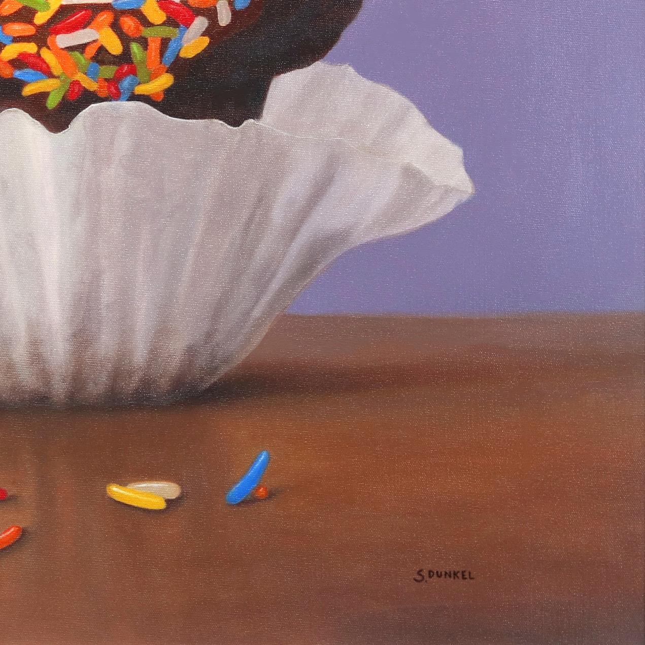 Sprinkles - Photorealist Chocolate Cupcake Colorful Sprinkles on Purple Painting For Sale 4