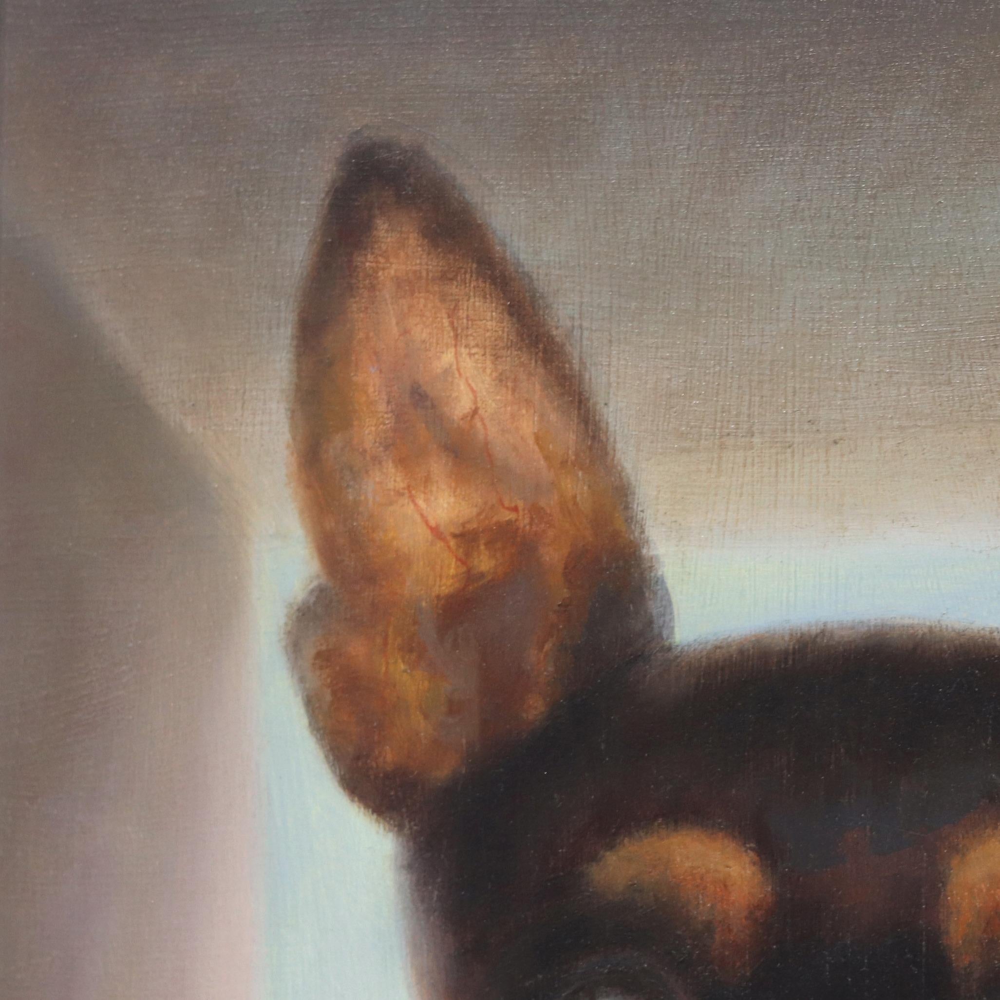 Was Up - Peinture à l'huile figurative d'un chien photoréaliste encadrée - Photoréalisme Painting par Stuart Dunkel