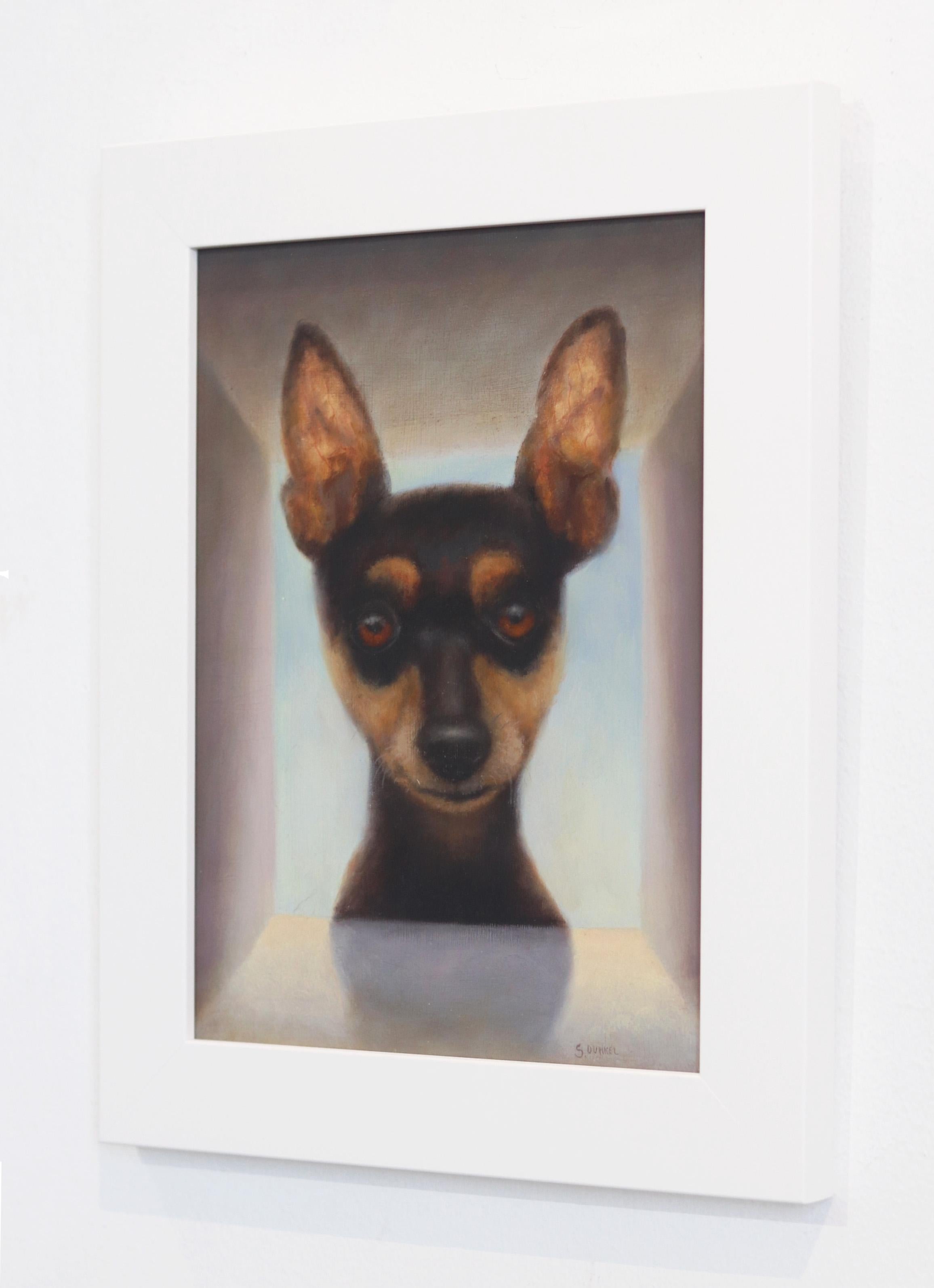 Was Up - Peinture à l'huile figurative d'un chien photoréaliste encadrée - Gris Animal Painting par Stuart Dunkel