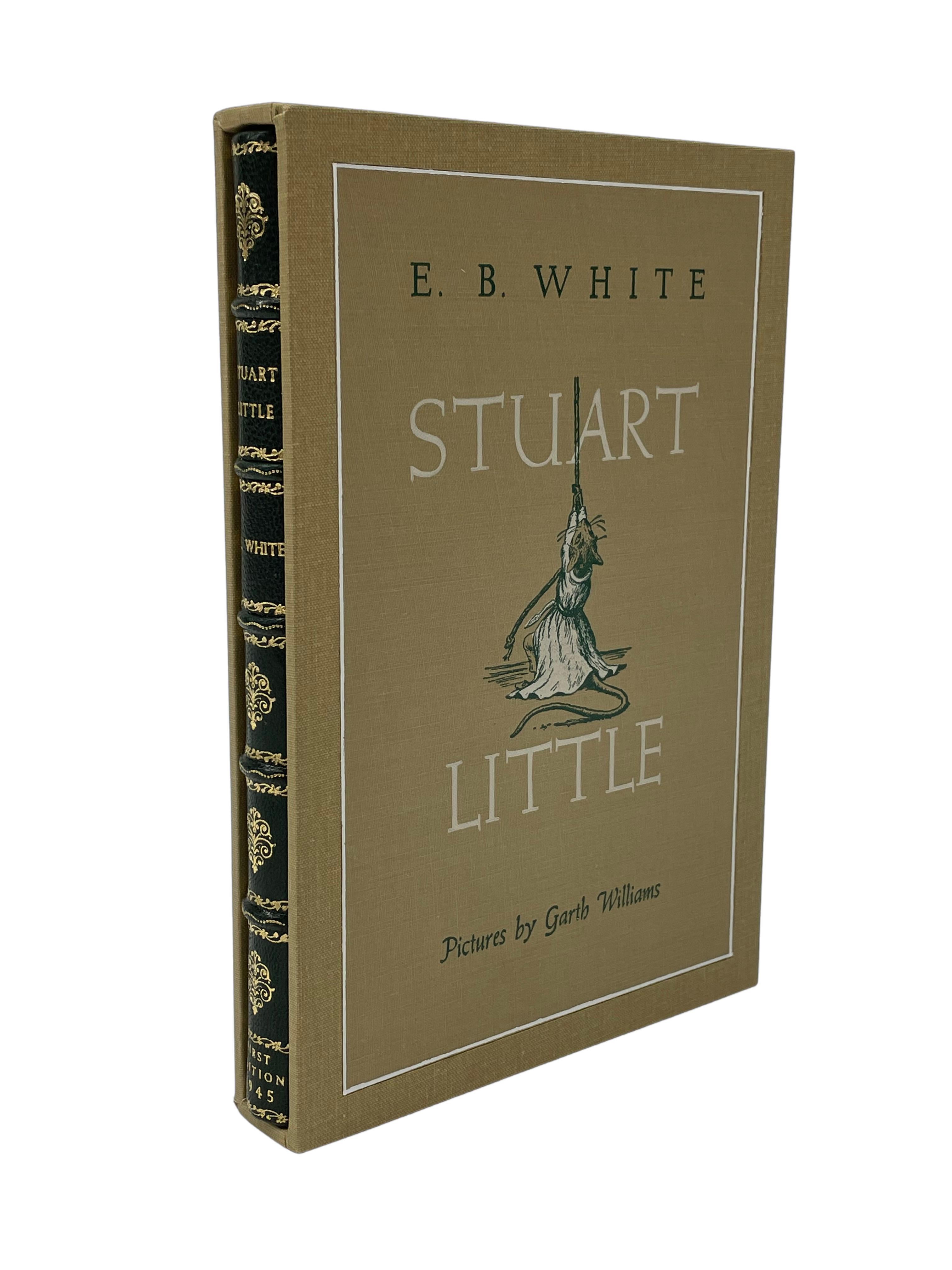 White, Elwyn Brooks. Stuart Little. New York: Harper & Brothers, 1945. First edition. Illustrated by Garth Williams. Rebound in 1/4 green leather and tan cloth with a color illustration of Stuart Little inlaid on the front, gilt tooling, titles, and