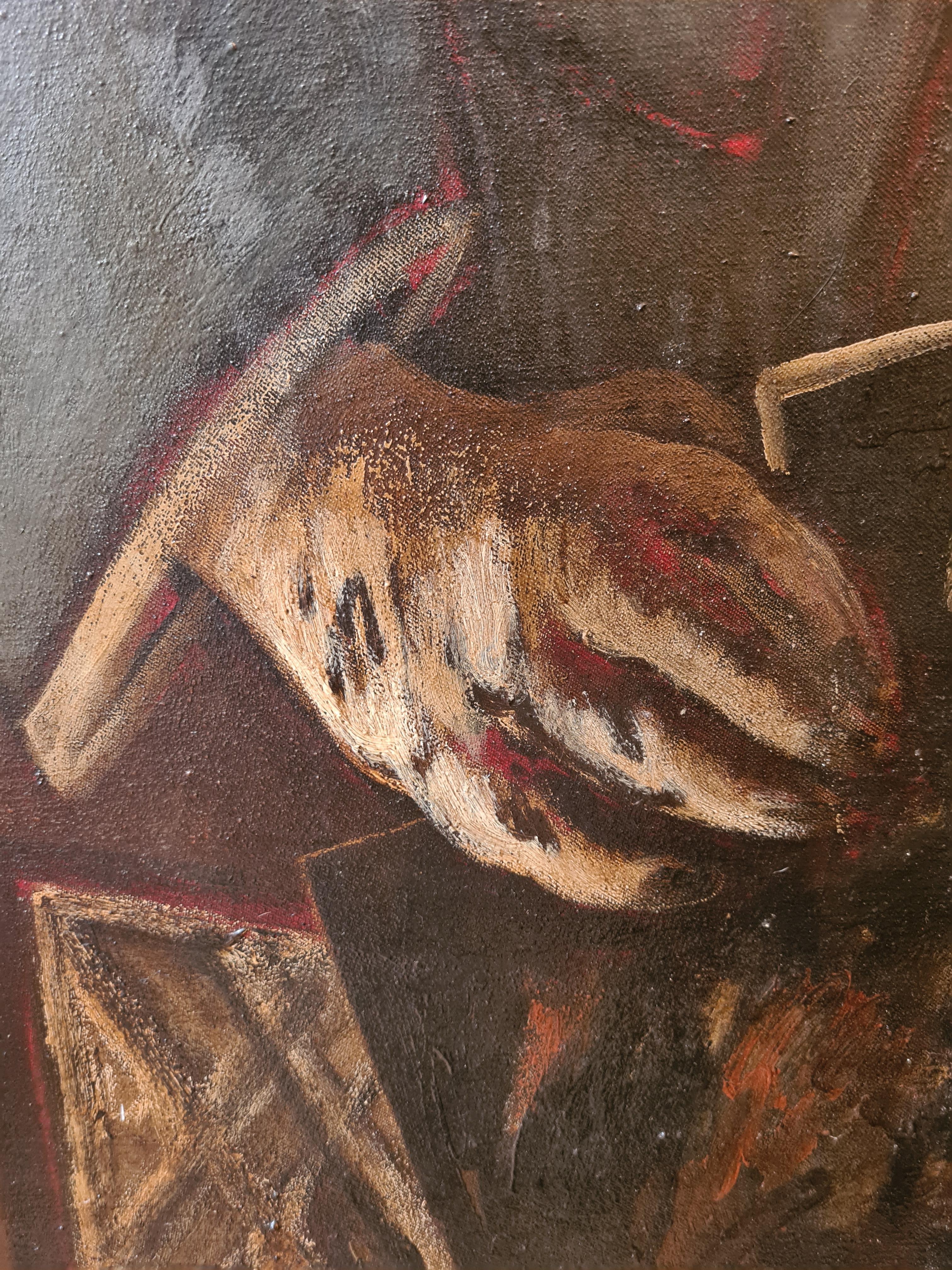 Ein großes Porträt des schottischen Künstlers Stuart Mackenzie in Öl auf Leinwand, das von der Glasgower Schule und Max Beckmann beeinflusst ist. Das Gemälde ist auf der Rückseite der Leinwand und des Keilrahmens signiert und datiert. Auf der